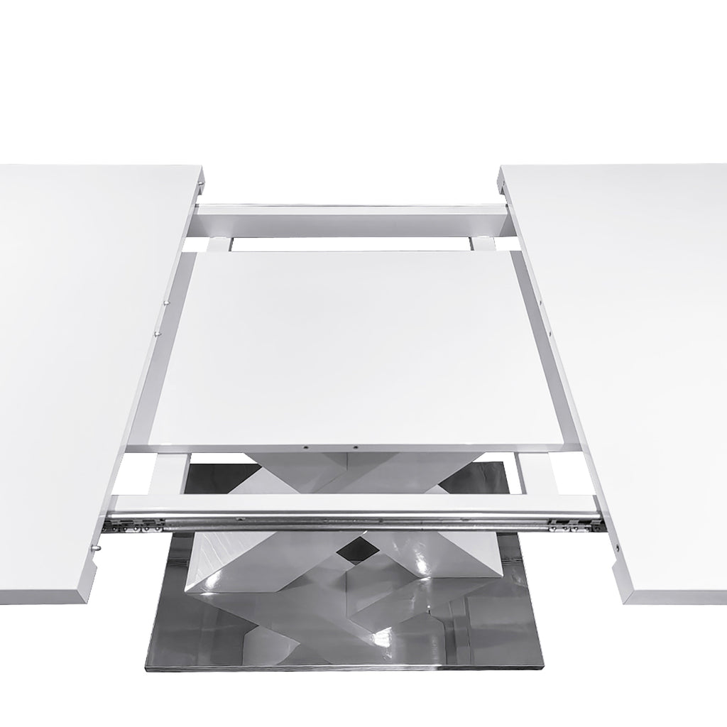 Modern Square Dining Table, Stretchable, White Table Top+MDF X-Shape Table Leg with Metal Base