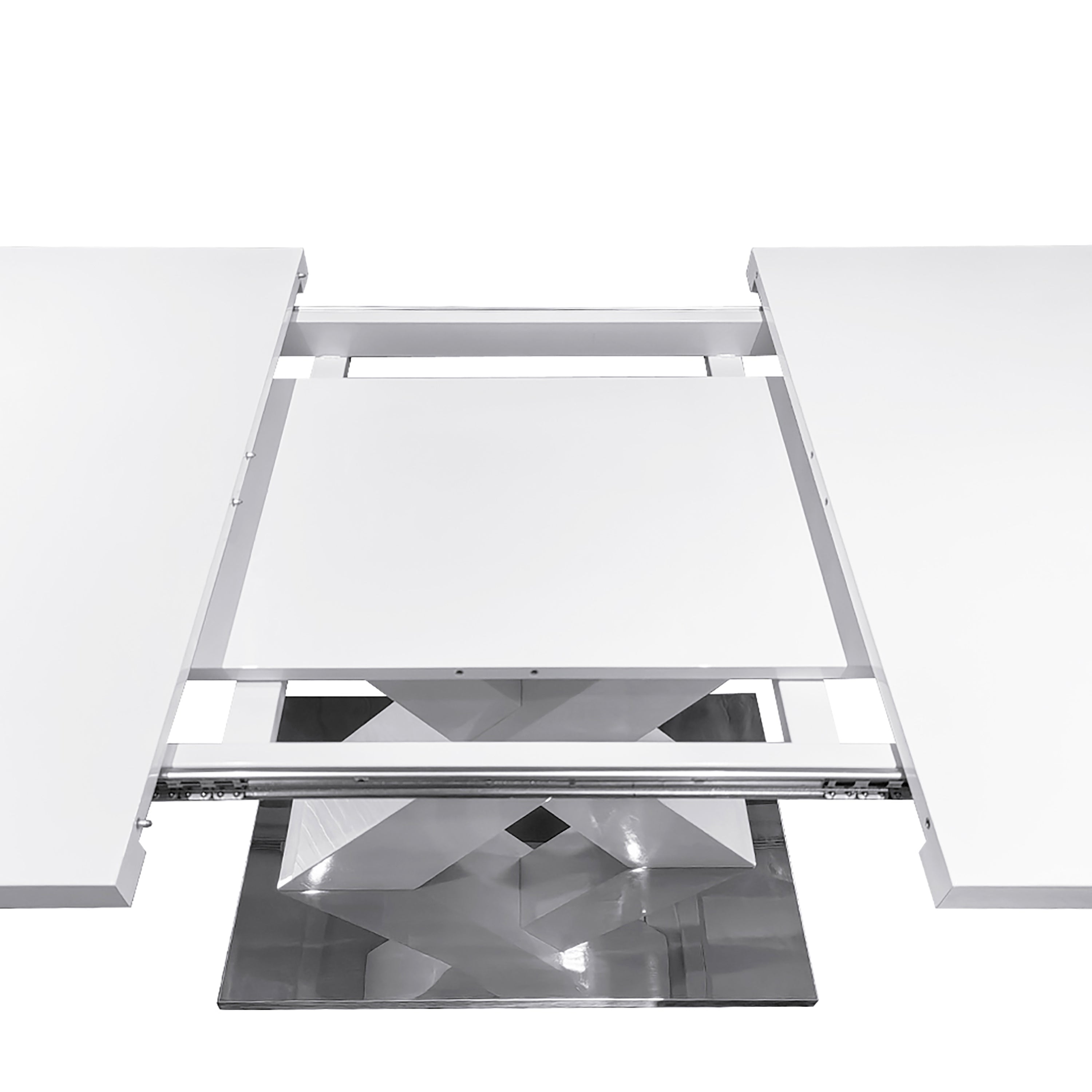 Modern Square Dining Table, Stretchable, White Table Top+MDF X-Shape Table Leg with Metal Base