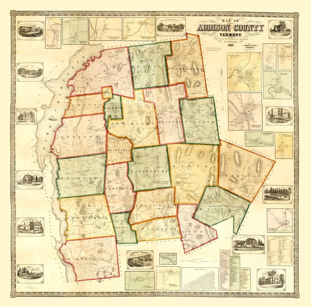Vintage Map of Addison County, Vermont 1857