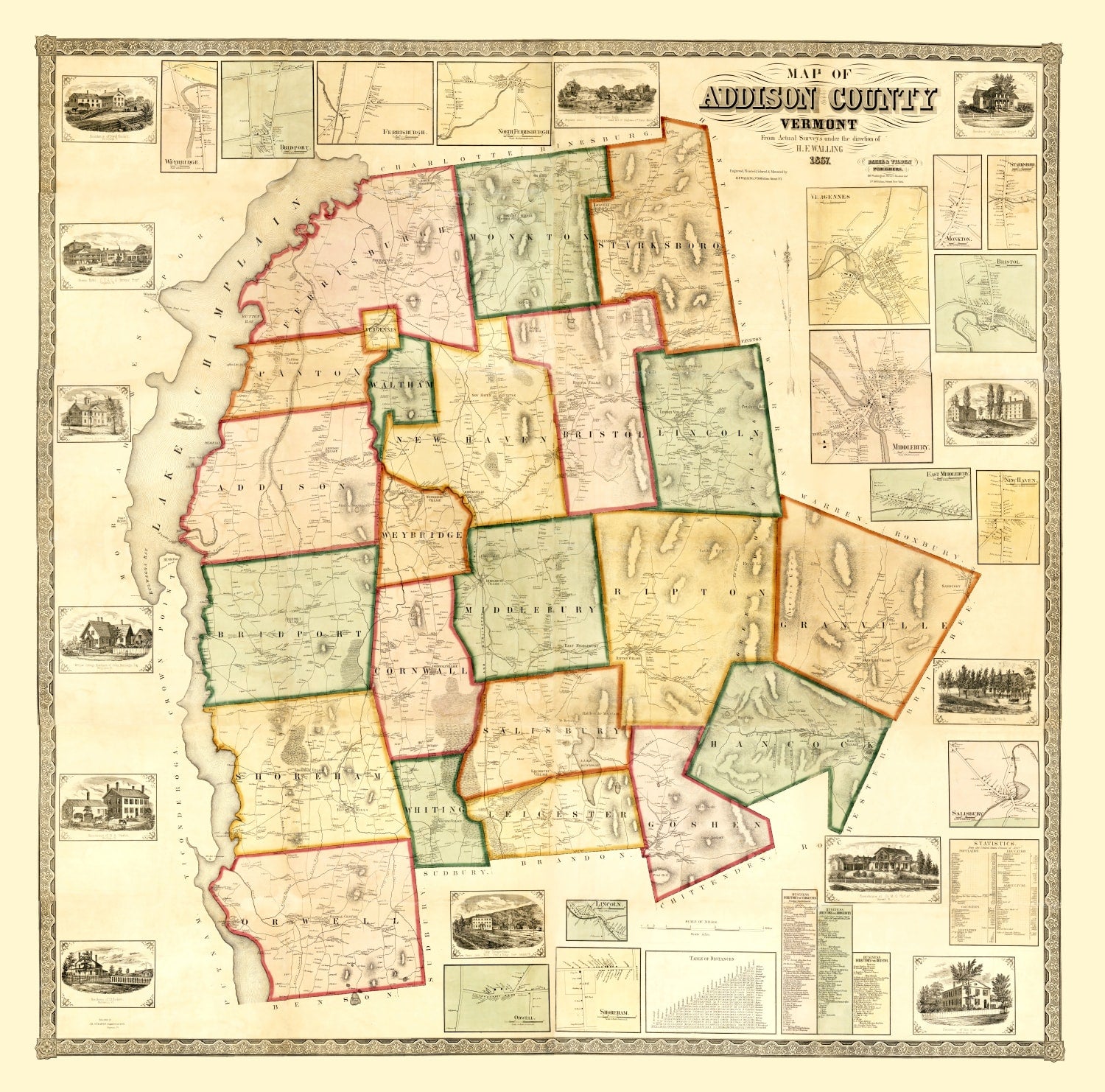 Vintage Map of Addison County, Vermont 1857