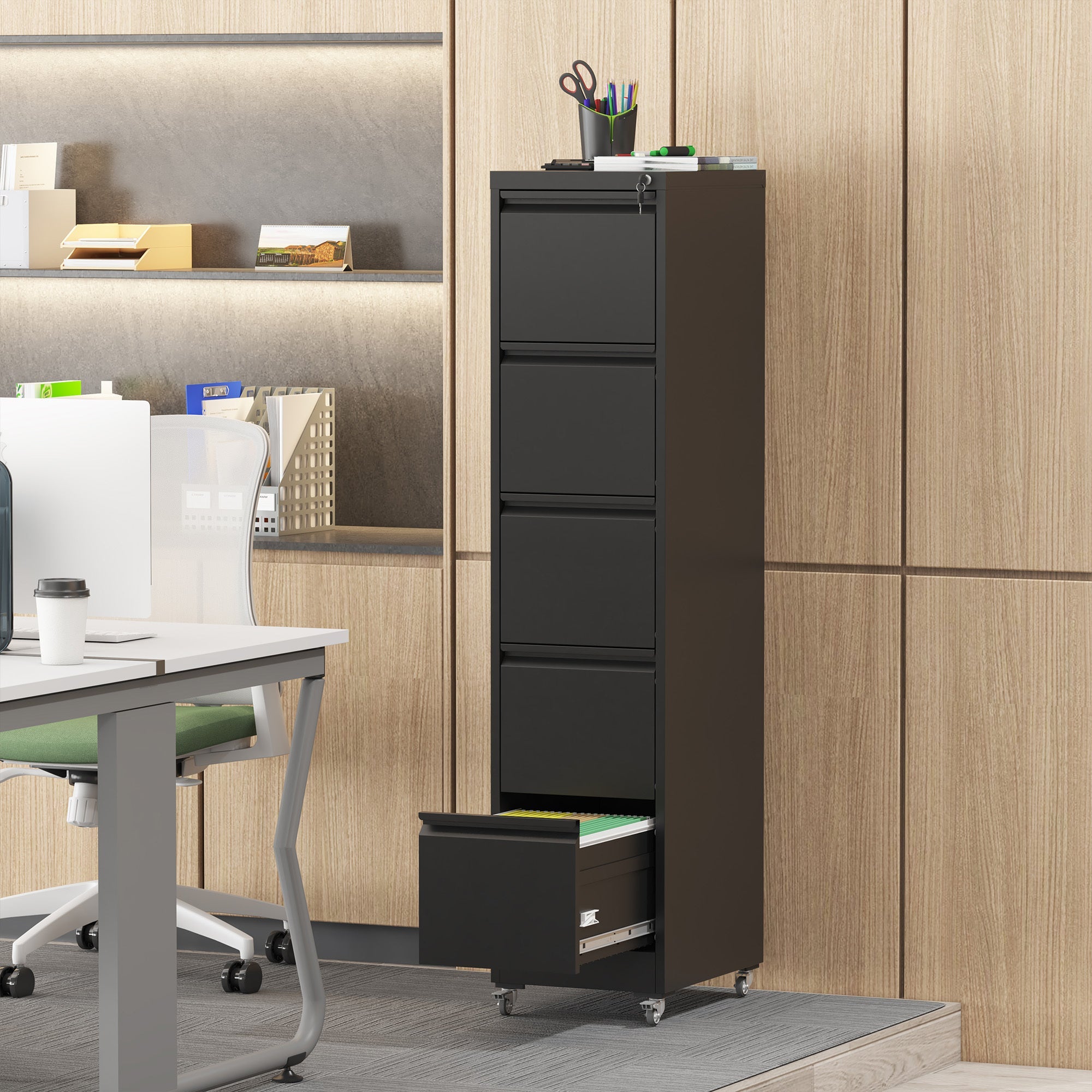 Heavy Duty Black Metal 5 Drawer Vertical File Cabinet with Lock and Wheels for Home Office