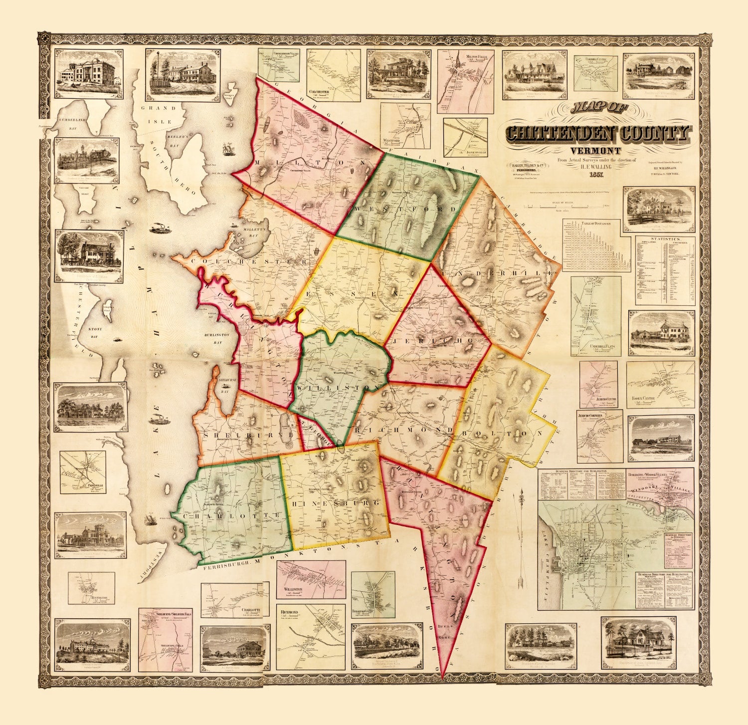 Vintage Map of Chittenden County, Vermont 1857