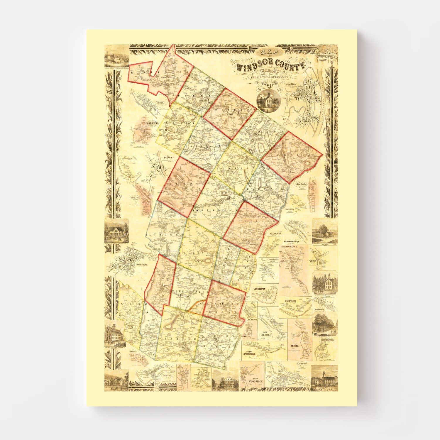 Vintage Map of Windsor County, Vermont 1855