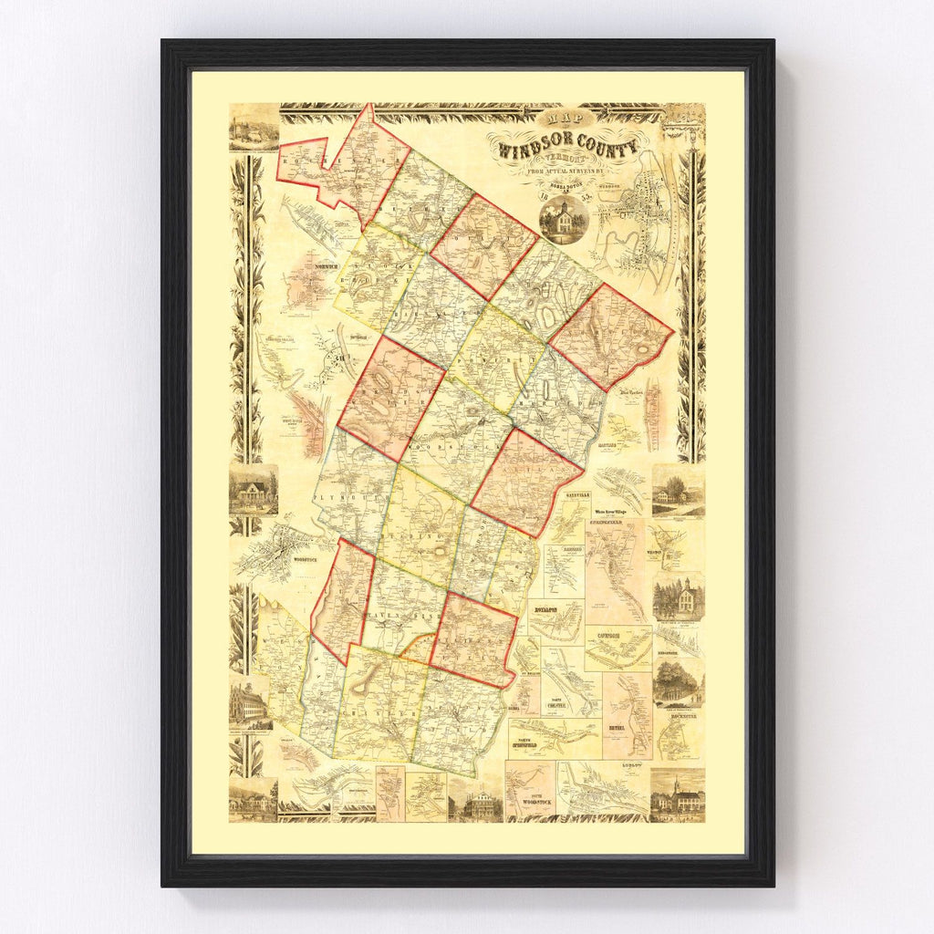 Vintage Map of Windsor County, Vermont 1855