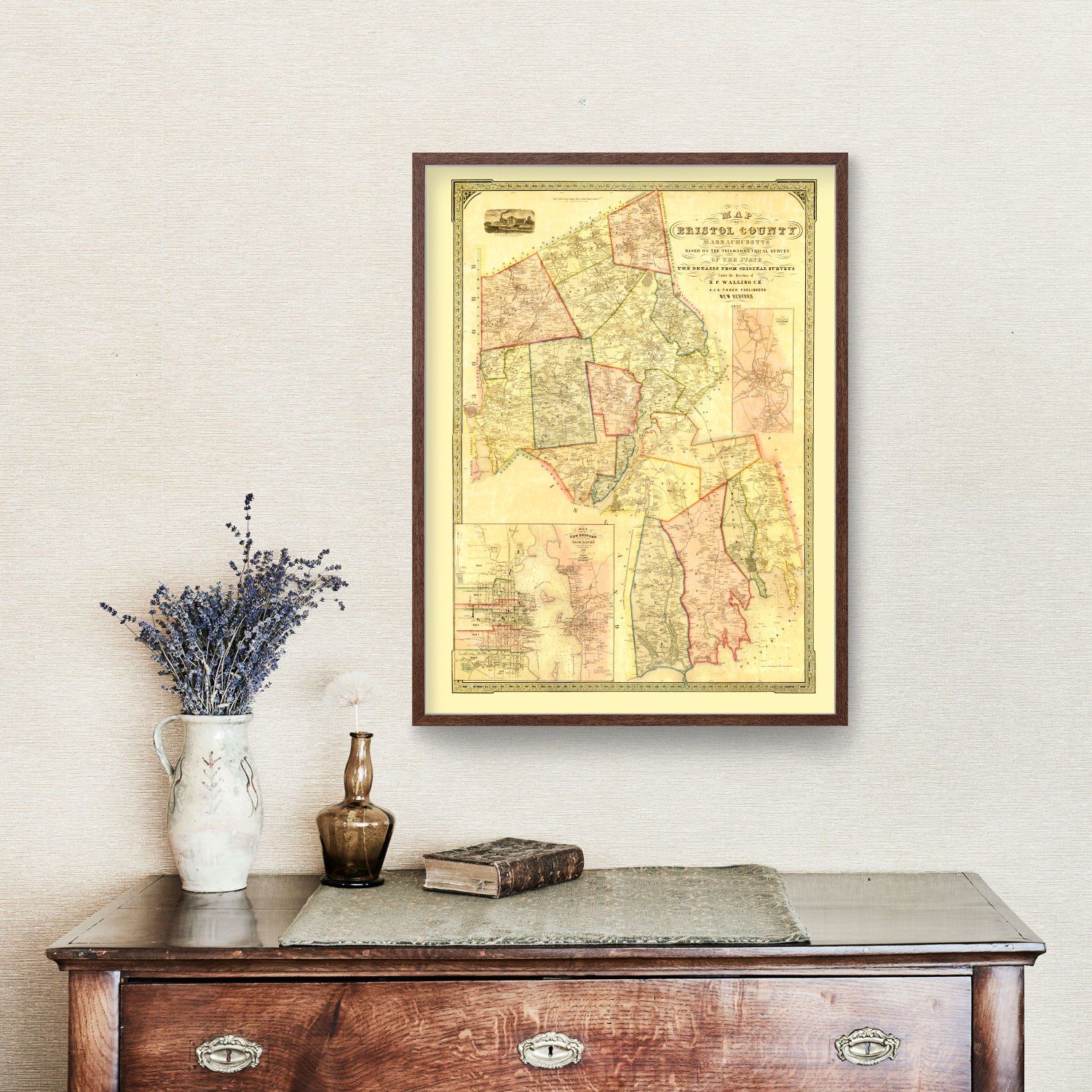 Vintage Map of Bristol County, Massachusetts 1852