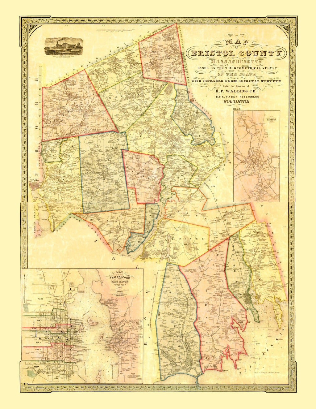 Vintage Map of Bristol County, Massachusetts 1852