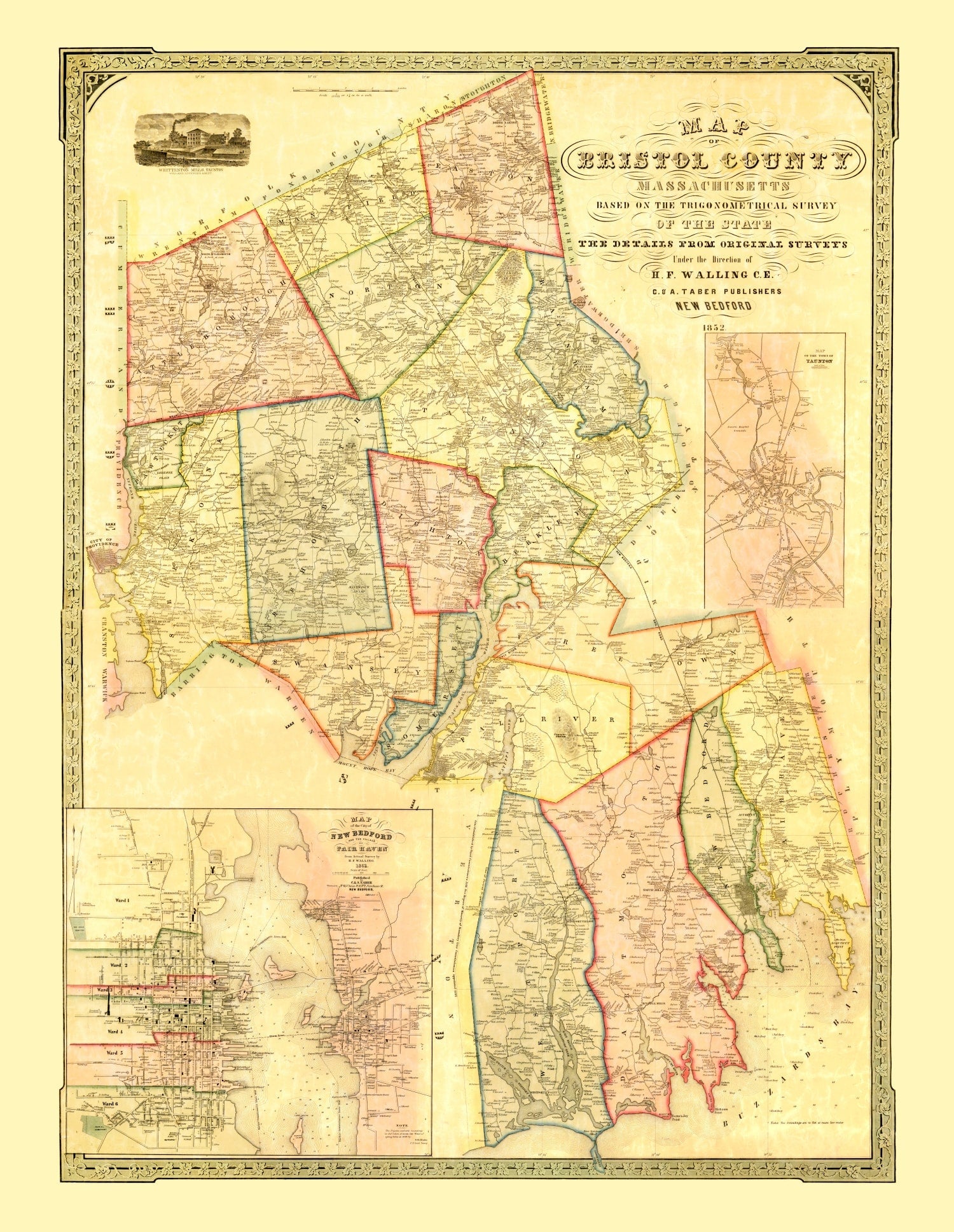 Vintage Map of Bristol County, Massachusetts 1852