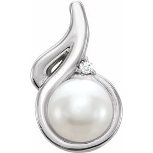 14K White Gold Cultured White Freshwater Pearl & .015 CT Natural Diamond Pendant
