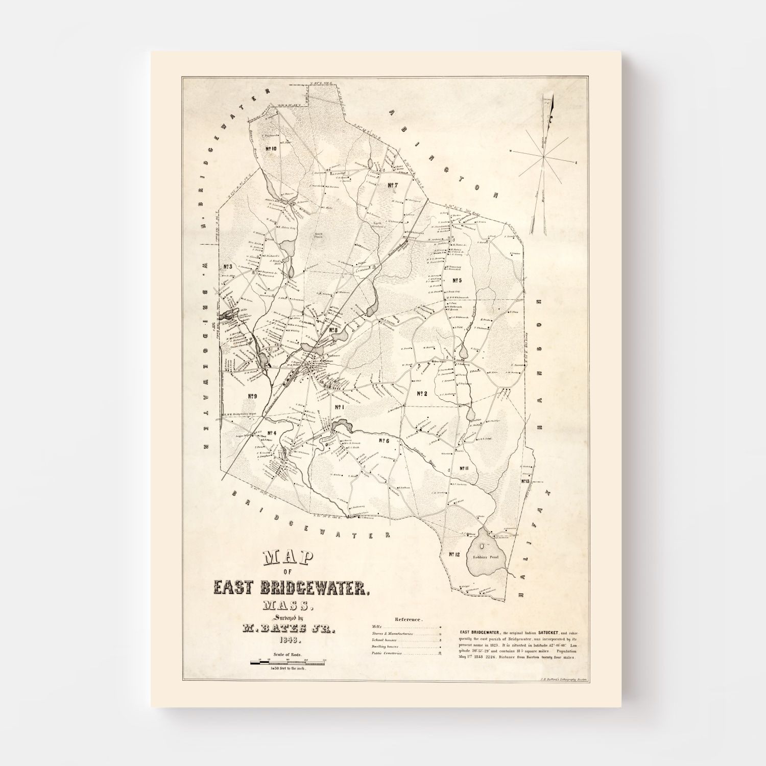 Vintage Map of Bridgewater County, Massachusetts 1848