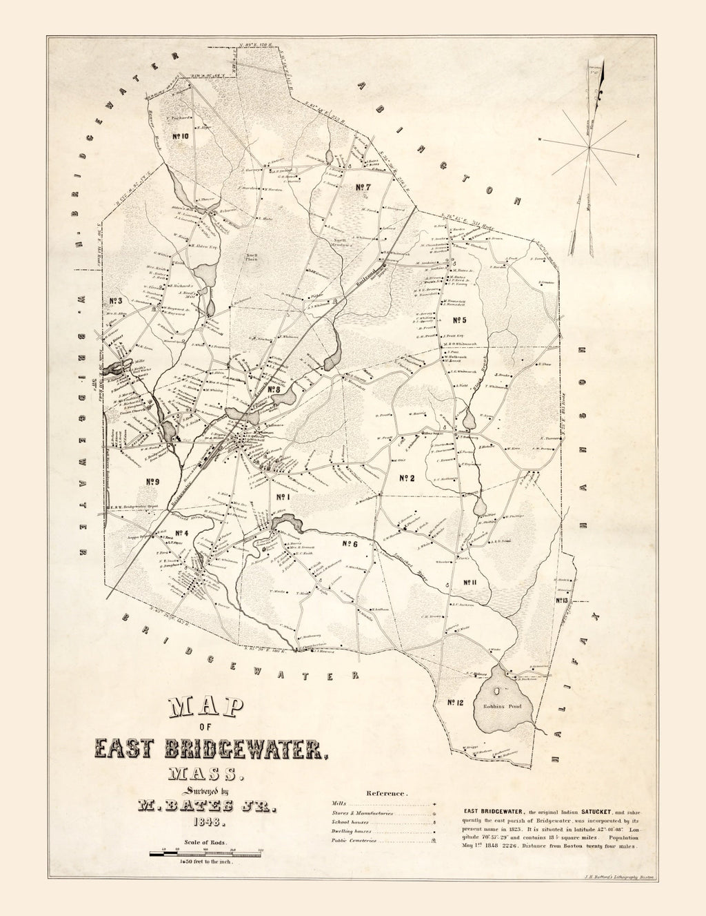 Vintage Map of Bridgewater County, Massachusetts 1848