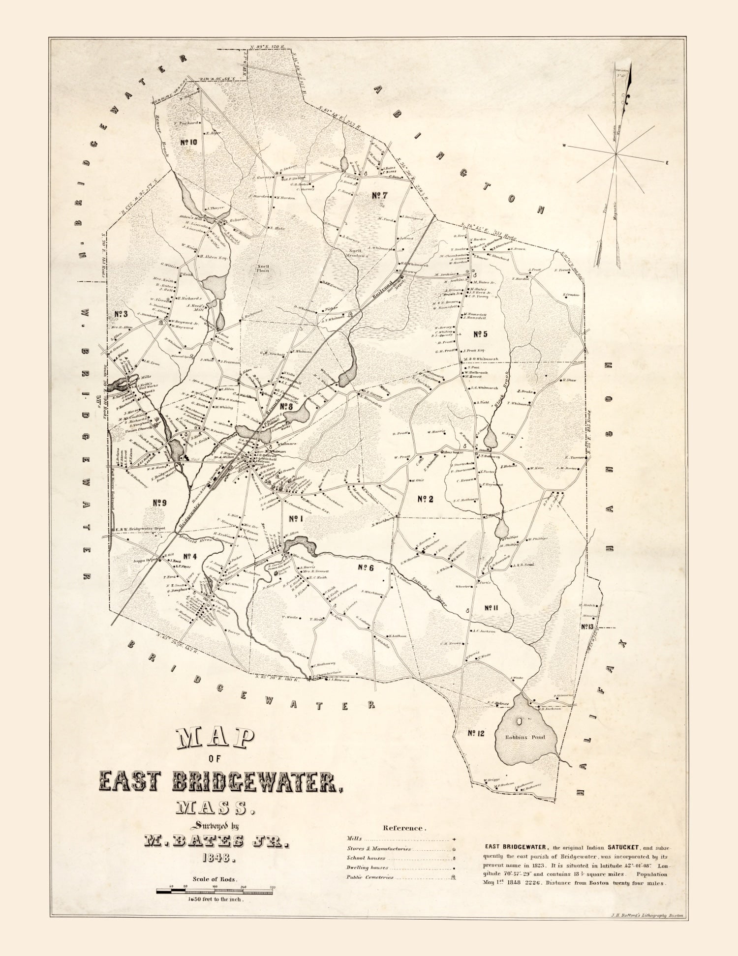 Vintage Map of Bridgewater County, Massachusetts 1848