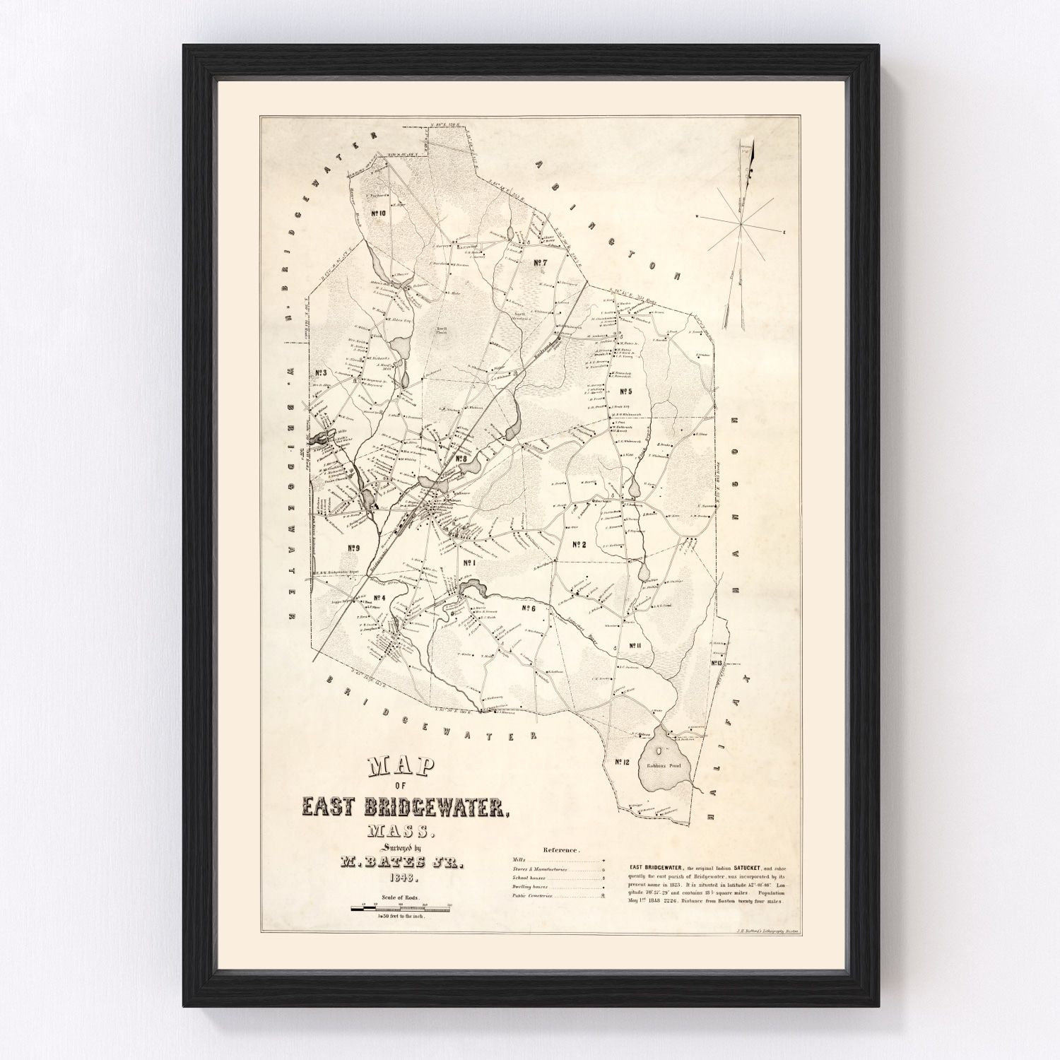 Vintage Map of Bridgewater County, Massachusetts 1848