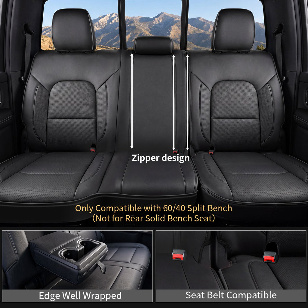 Umbrauto Car Seat Covers for Dodge RAM, Premium Nappa Waterproof Leather Seat Cushion Fits 2009-2026 RAM 1500/2500/3500 Crew Quad Mega Cab with Curved Bench,Full Set, Black