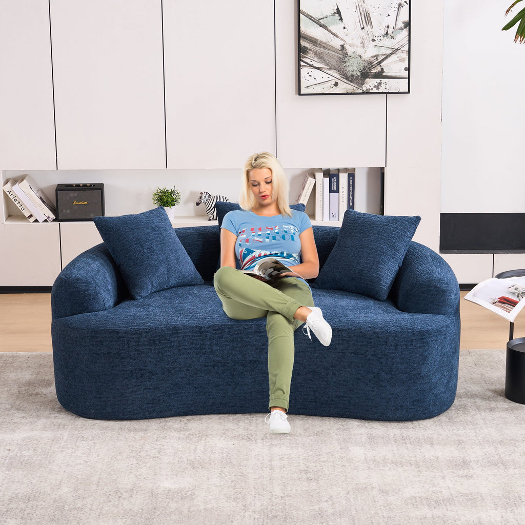 LY-025S Curved Loveseat Blue Full Compression Sponge Sofa, 30D Chenille No-Assembly Compact Sofa for Small Spaces & Apartments, 65'L, 300 lbs, 3 Pillows