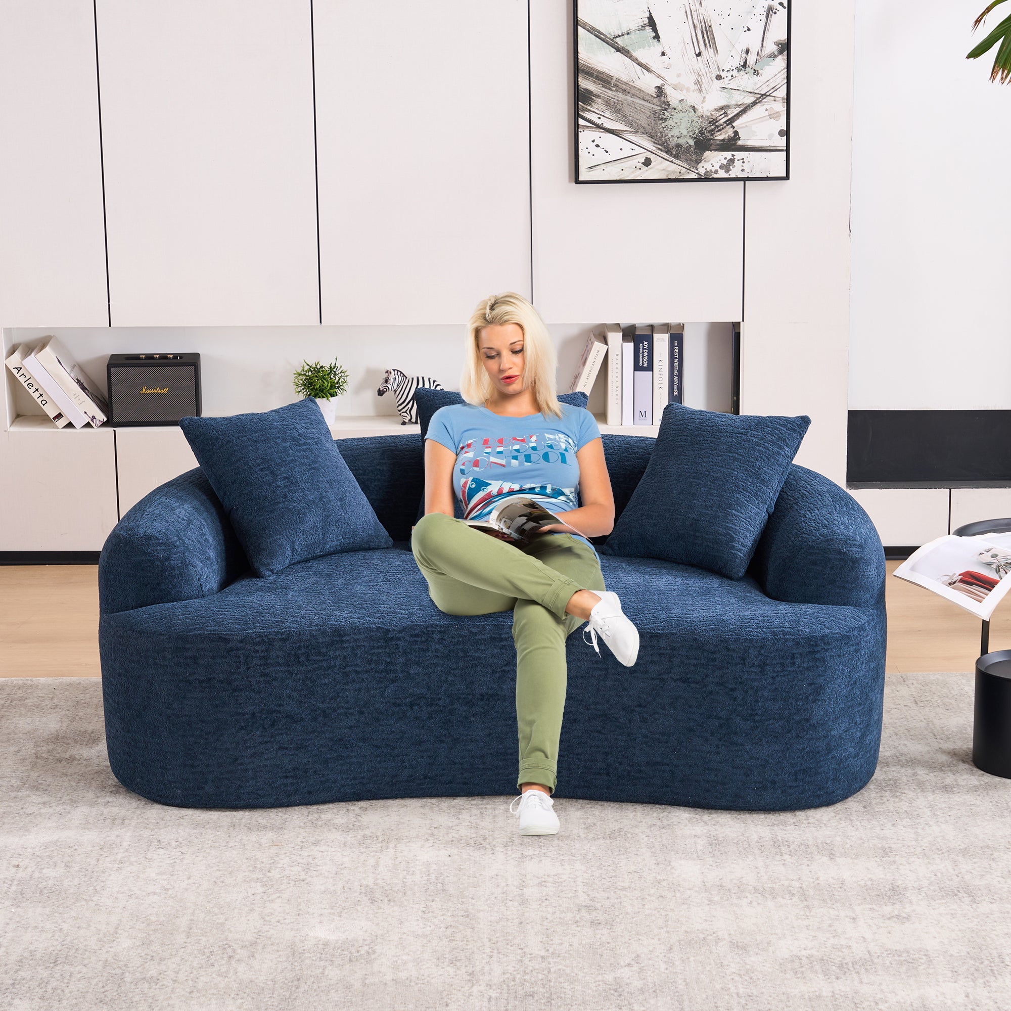 LY-025S Curved Loveseat Blue Full Compression Sponge Sofa, 30D Chenille No-Assembly Compact Sofa for Small Spaces & Apartments, 65'L, 300 lbs, 3 Pillows