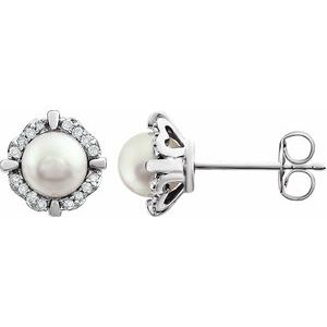 14K White Gold Cultured White Freshwater Pearl & 1/10 CTW Natural Diamond Earrings