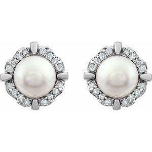 14K White Gold Cultured White Freshwater Pearl & 1/10 CTW Natural Diamond Earrings – image 2
