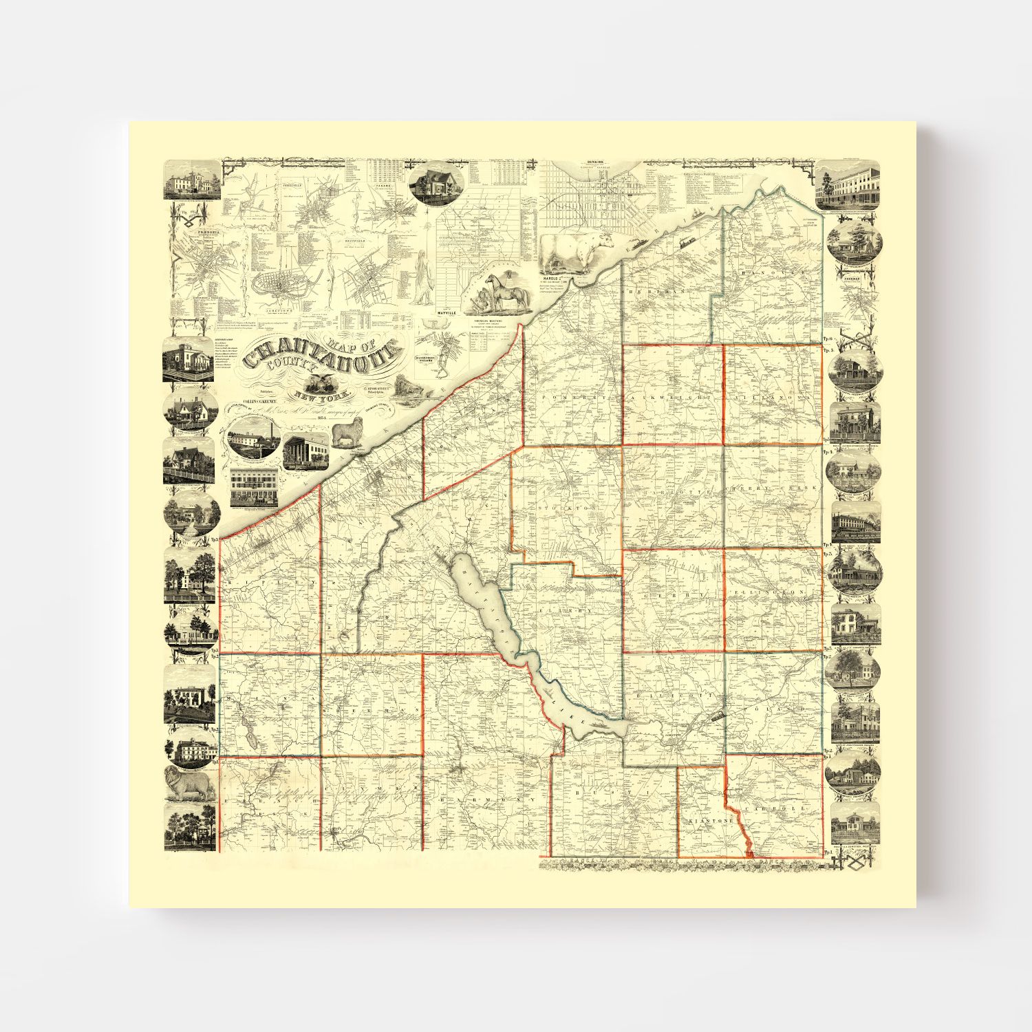 Vintage Map of Chautauque County, New York 1854