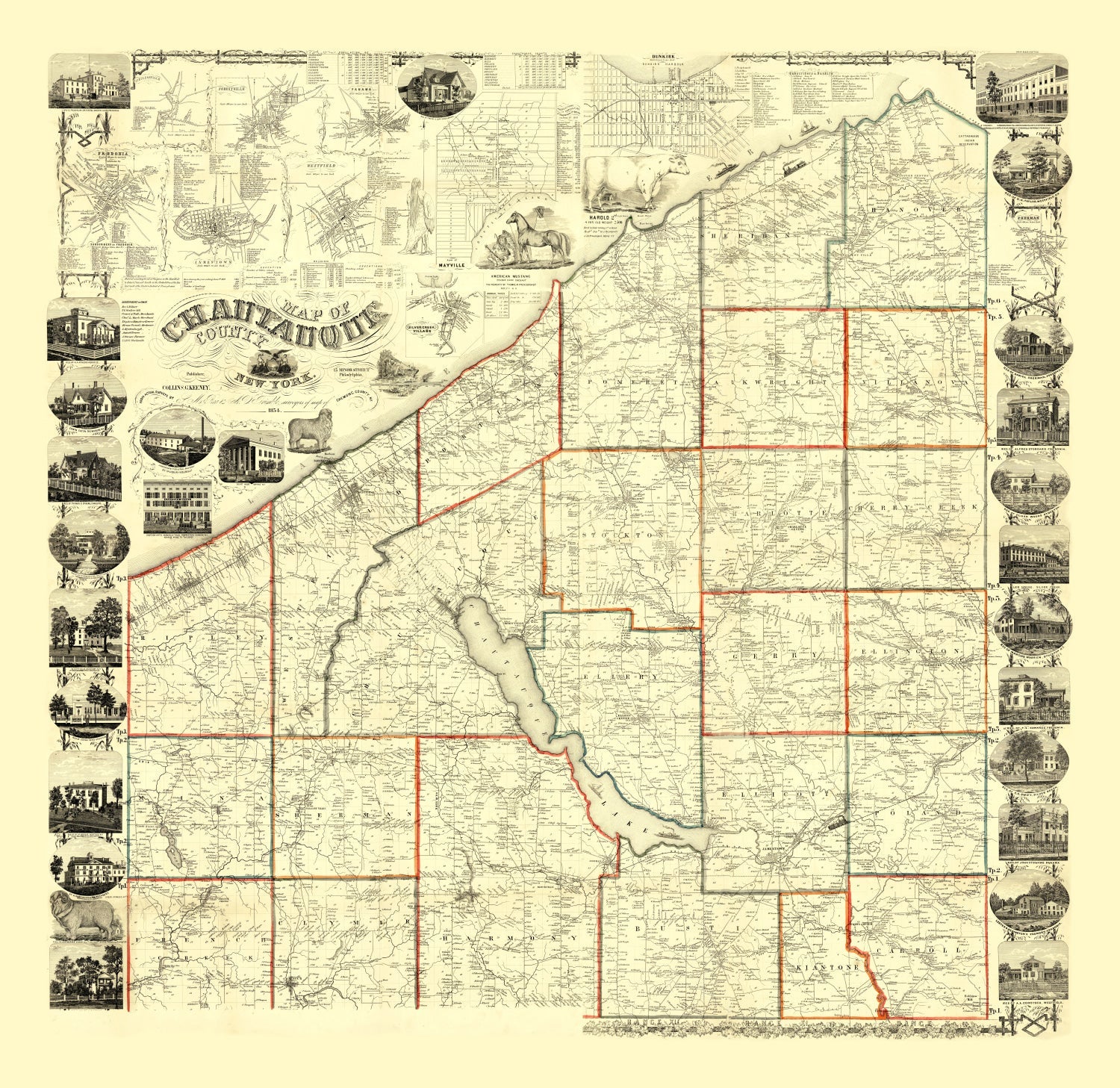 Vintage Map of Chautauque County, New York 1854