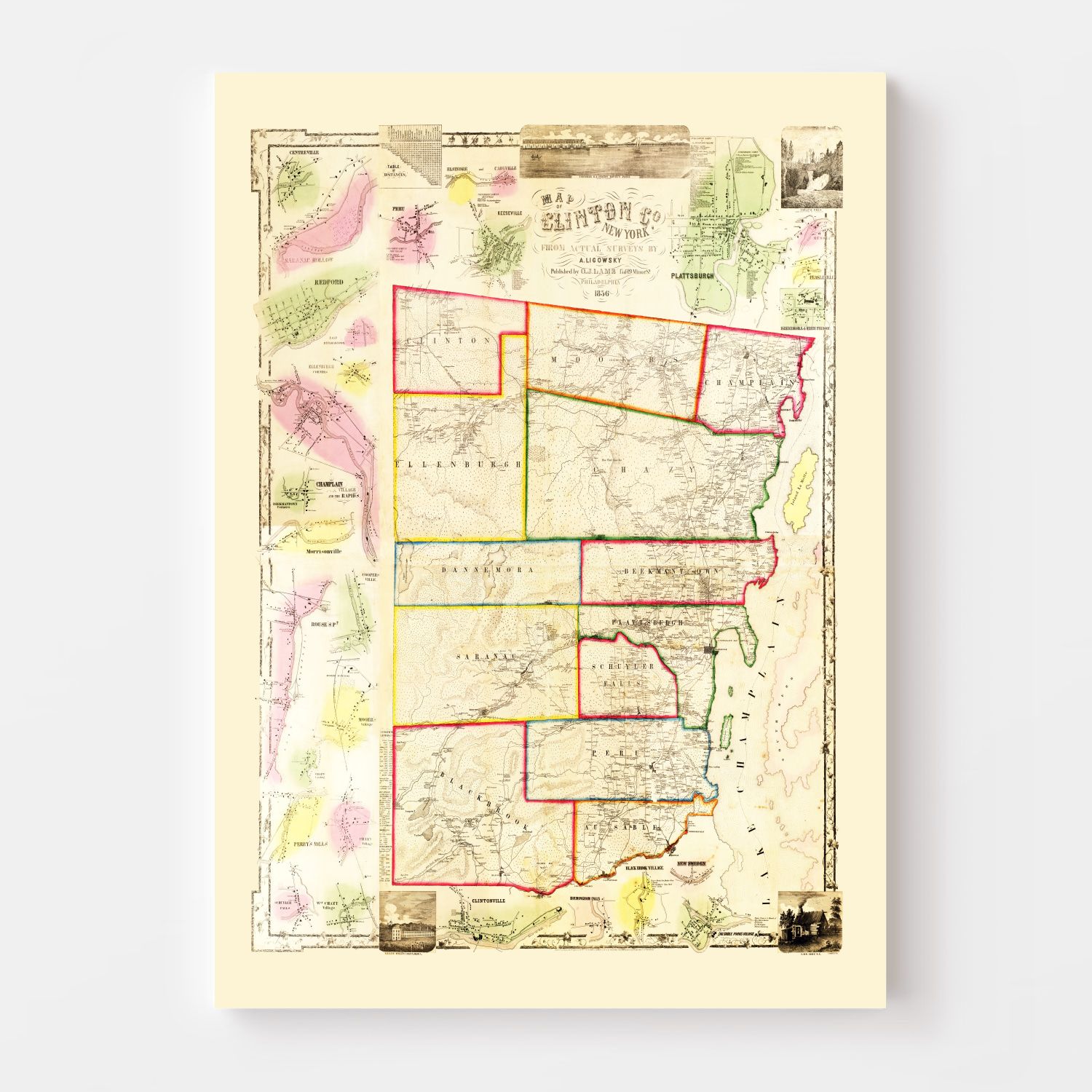 Vintage Map of Clinton County, New York 1856