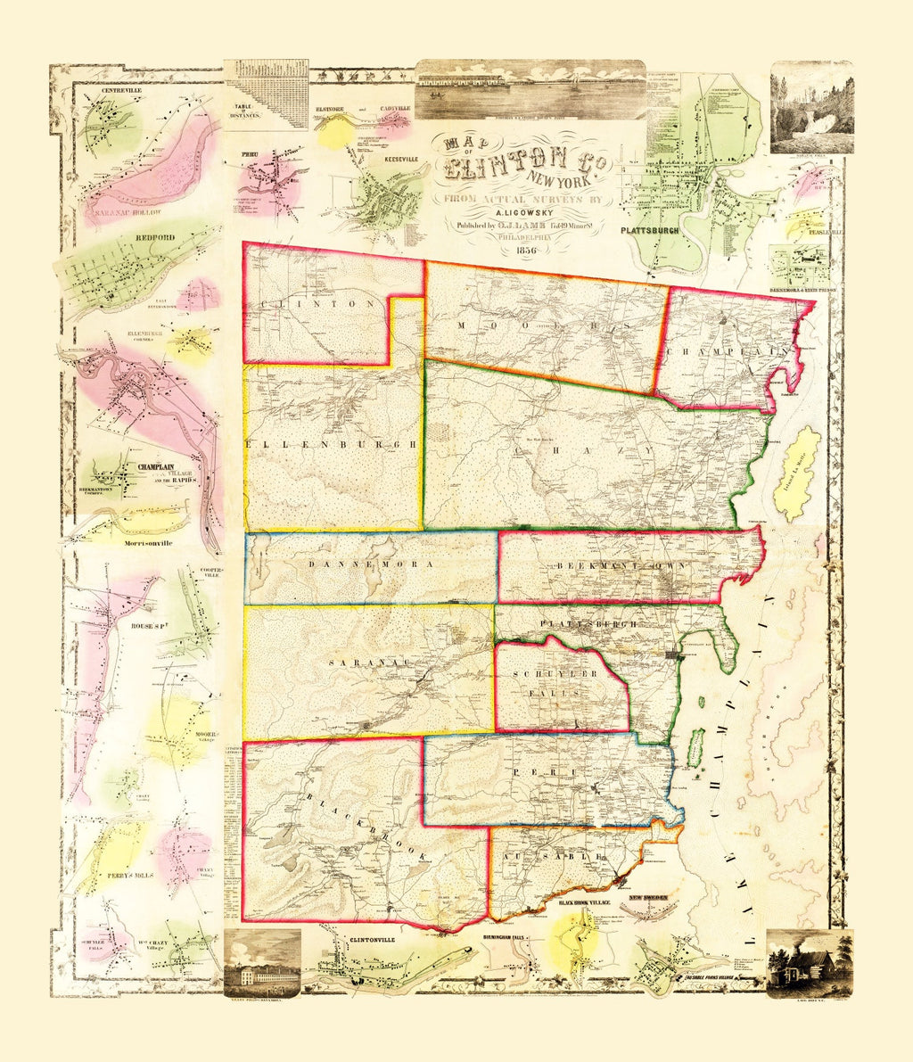 Vintage Map of Clinton County, New York 1856