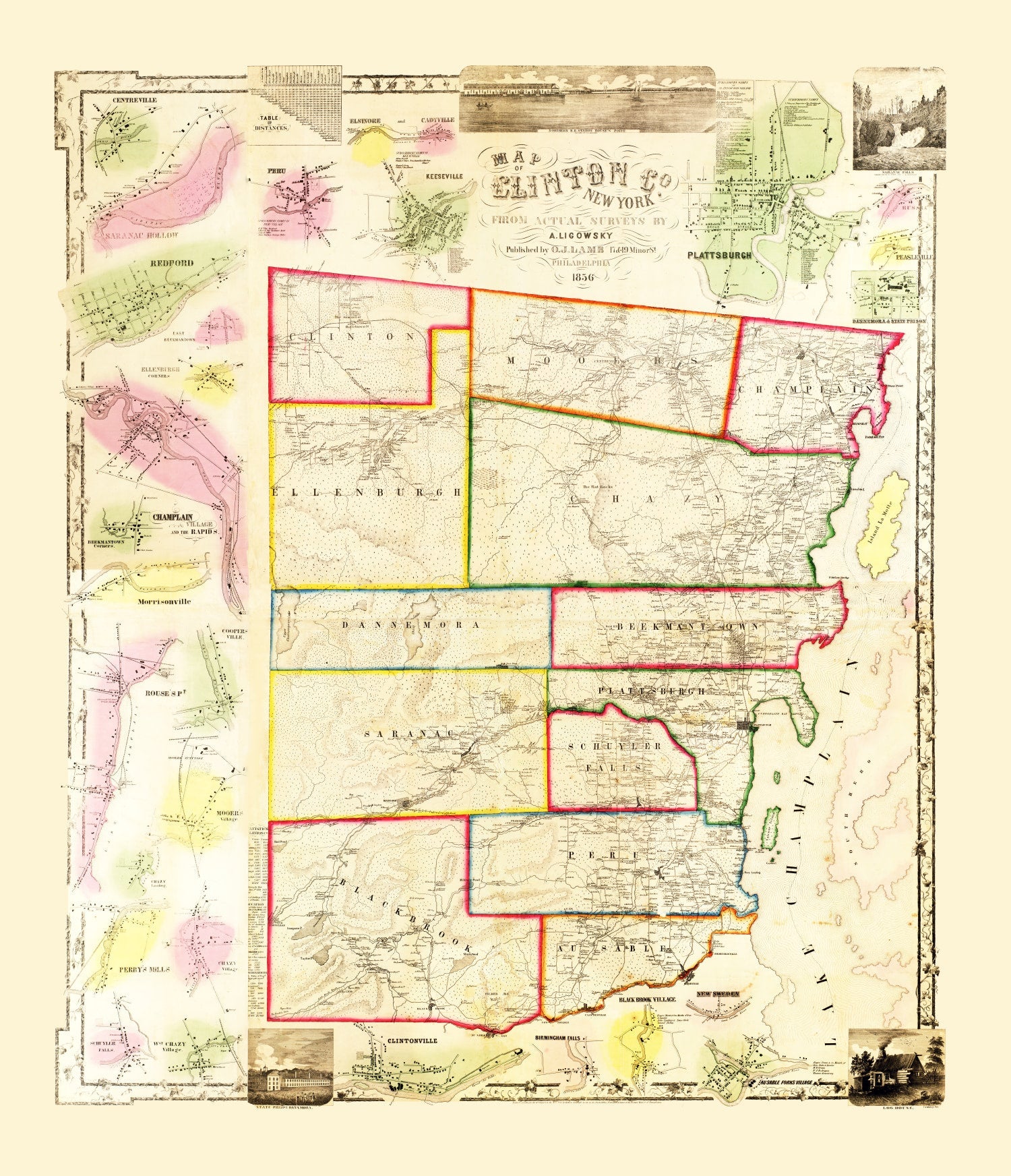 Vintage Map of Clinton County, New York 1856