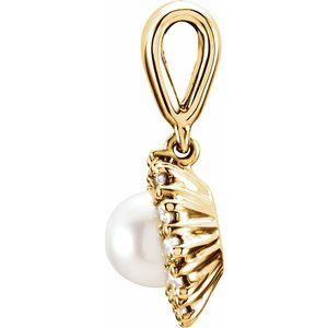 14K Yellow Gold Cultured White Freshwater Pearl & 1/3 CTW Natural Diamond Pendant