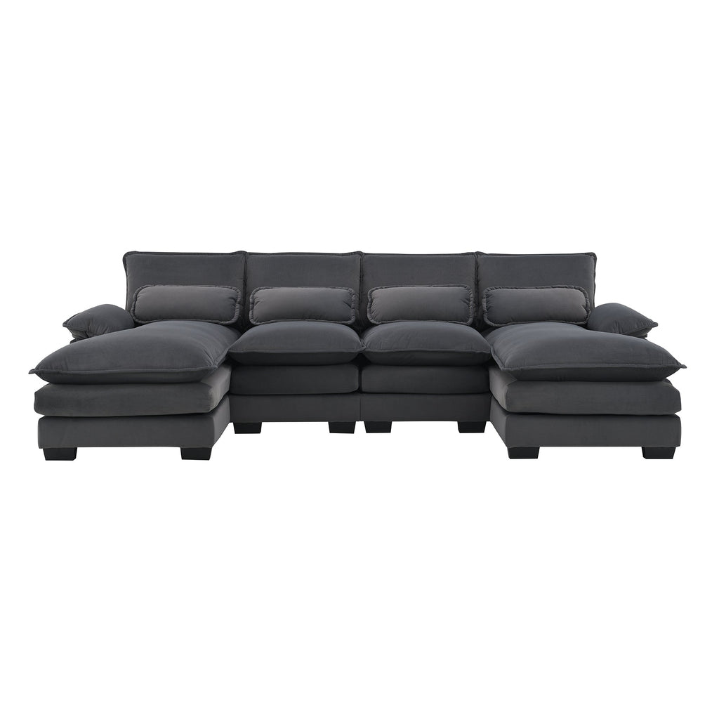 Modern U-shaped Sectional Sofa with Waist Pillows, 6-seat Upholstered Sleeper Sofa with Chaise Lounge in Velvet, 109.8*55.9', Gray