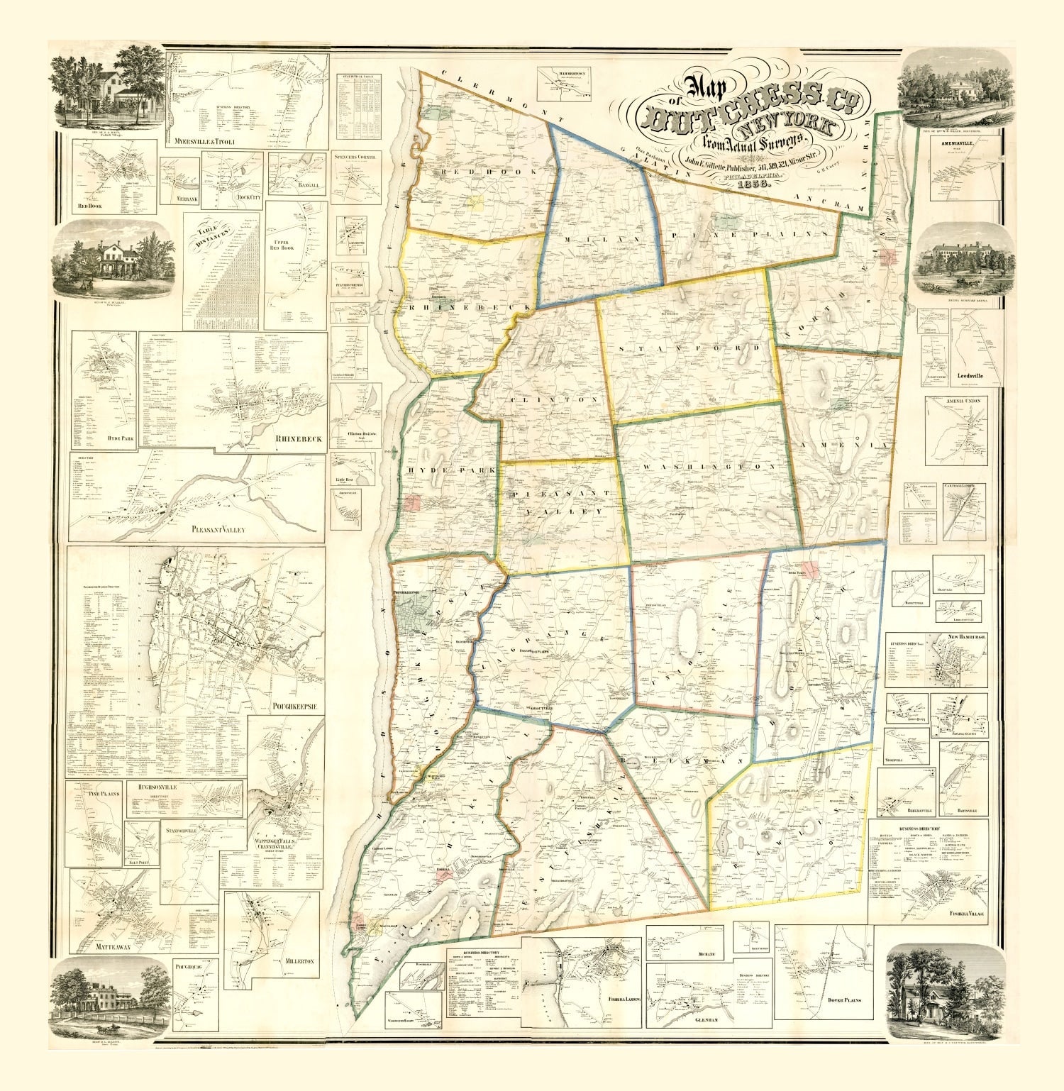 Vintage Map of Dutchess County, New York 1858