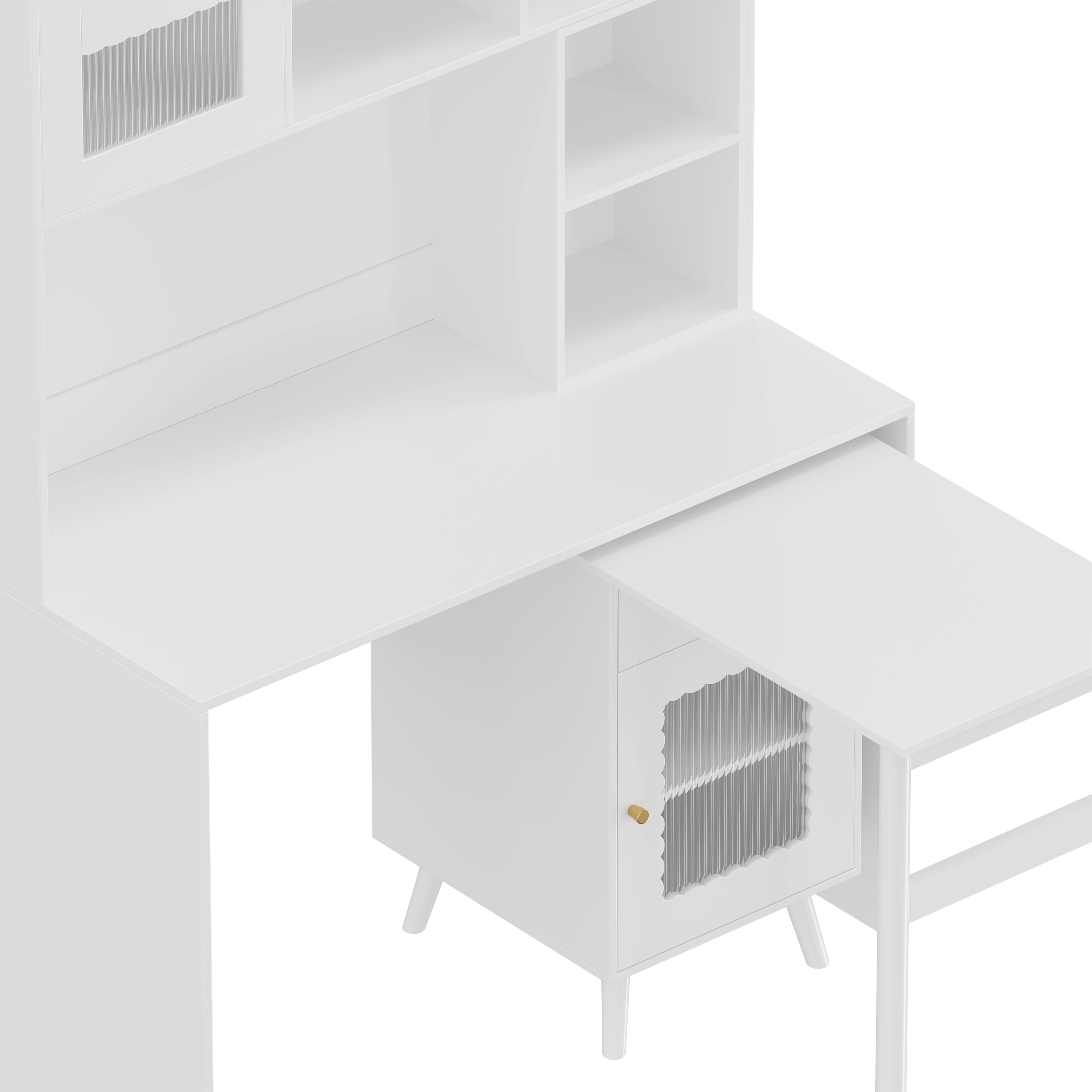 Computer Desk with 90 Degree Rotating Desktop, 43x70 Inch Office Desk with Storage Drawer and Cabinets, Gaming Desk with Shelves, Writing Desk for Study, Work Desk for Home Office Bedroom Living Room