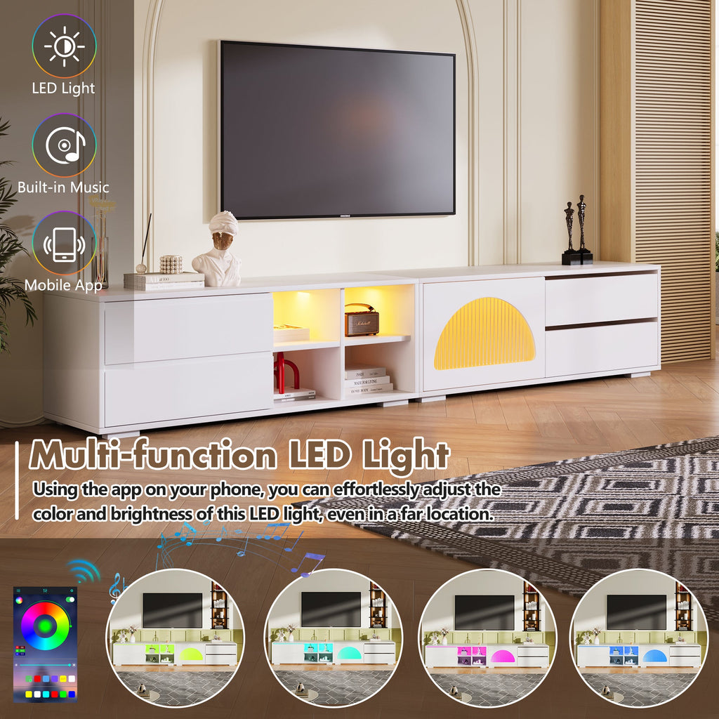 ON-TREND Modern TV Stand with Fluted Glass Door for TVs Up to 100', Media Console with Sliding Door & 2 Drawers, Free-Combination Entertainment Center with LED Light for Living Room, Bedroom, White
