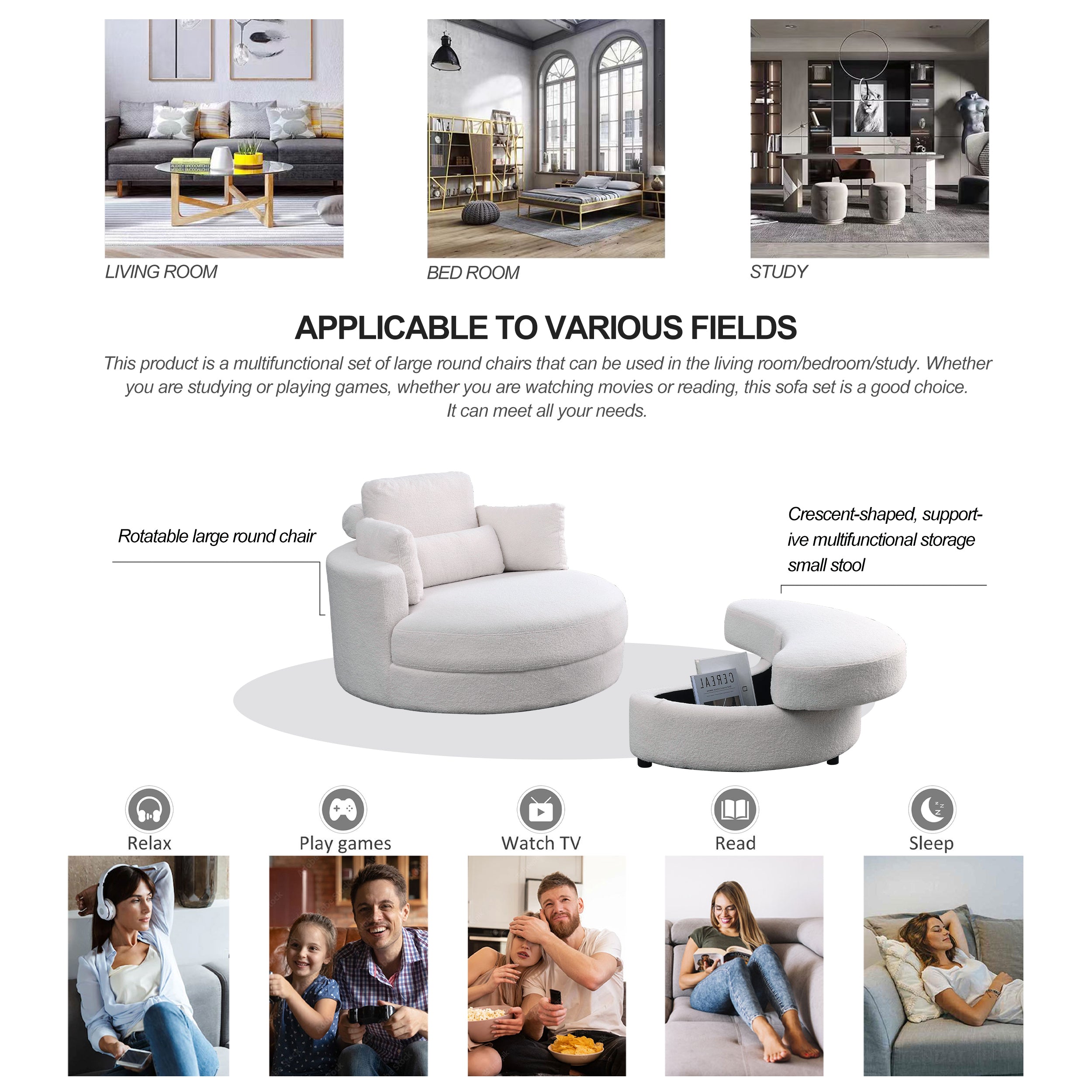 [Video] Welike Swivel Accent Barrel Modern Sofa Lounge Club Big Round Chair with Storage Ottoman TEDDY Fabric for Living Room Hotel with Pillows. *2PCS,Teddy White (Ivory)