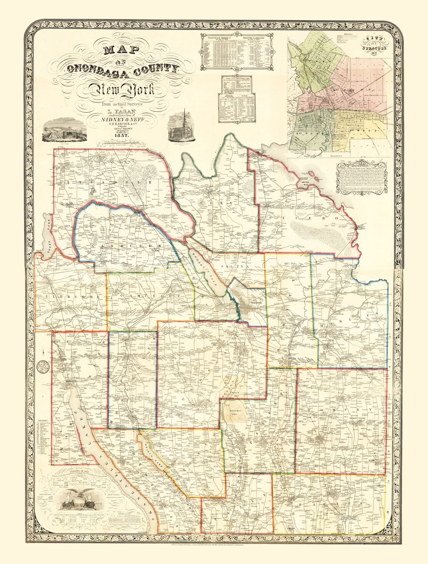 Vintage Map of Onondaga County, New York 1852