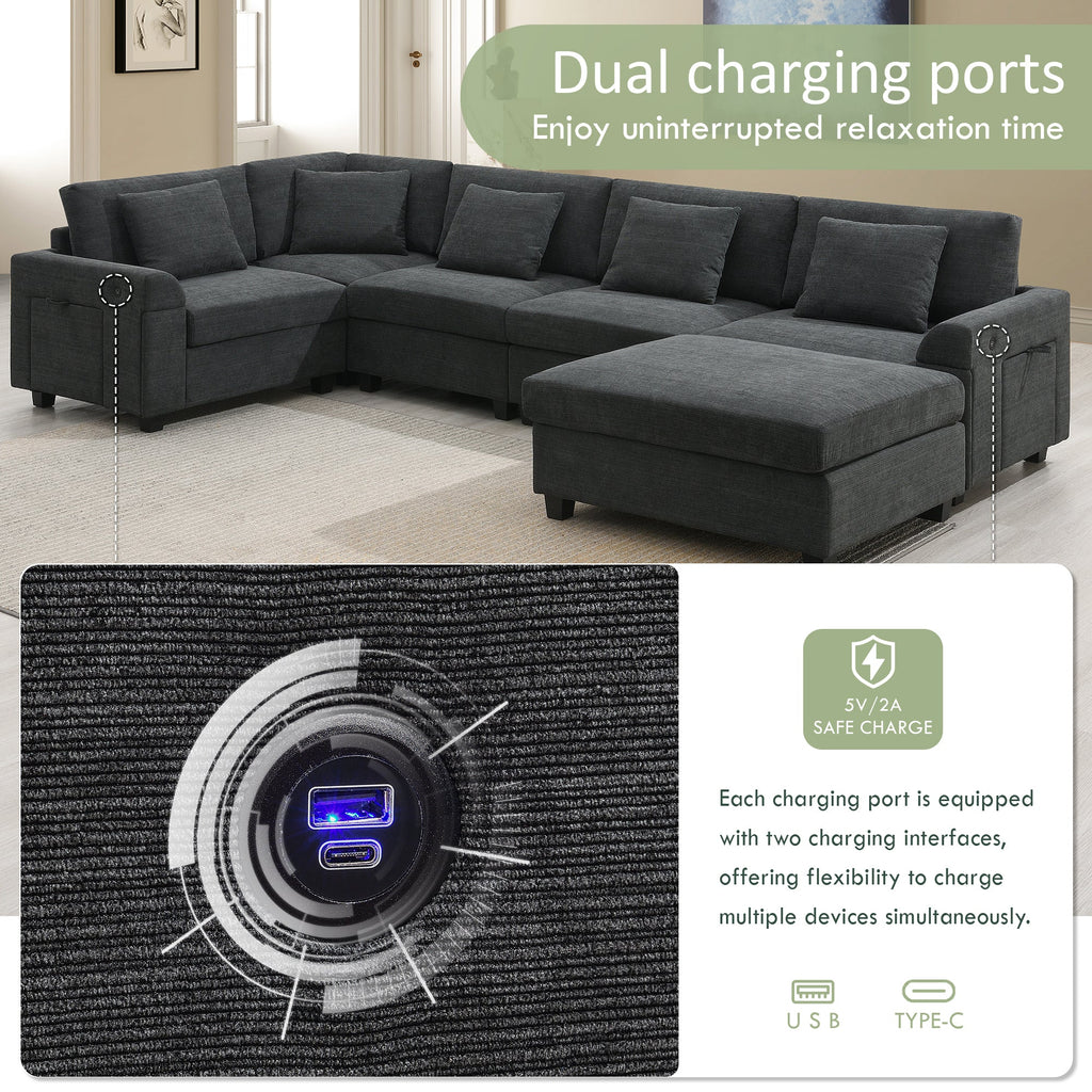 Chenille U Shaped Sectional Sofa with Ottoman and Storage, USB Ports, 2 Colors