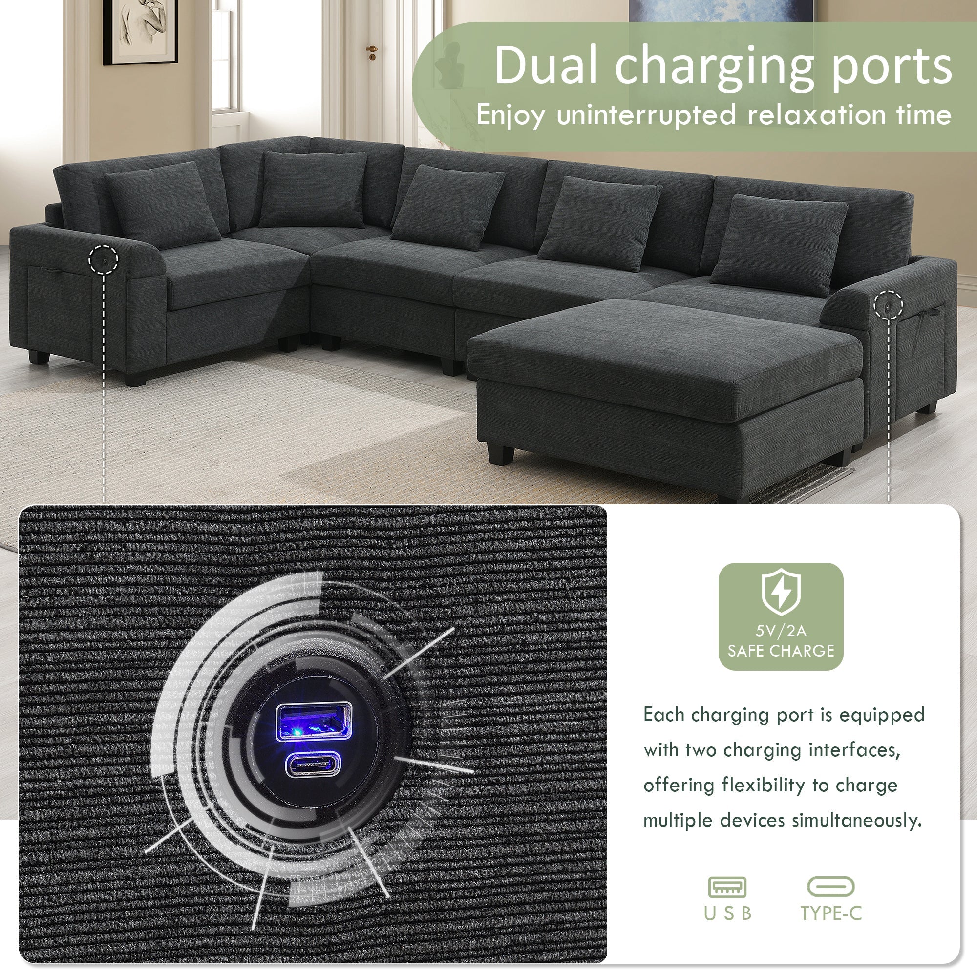 Chenille U Shaped Sectional Sofa with Ottoman and Storage, USB Ports, 2 Colors