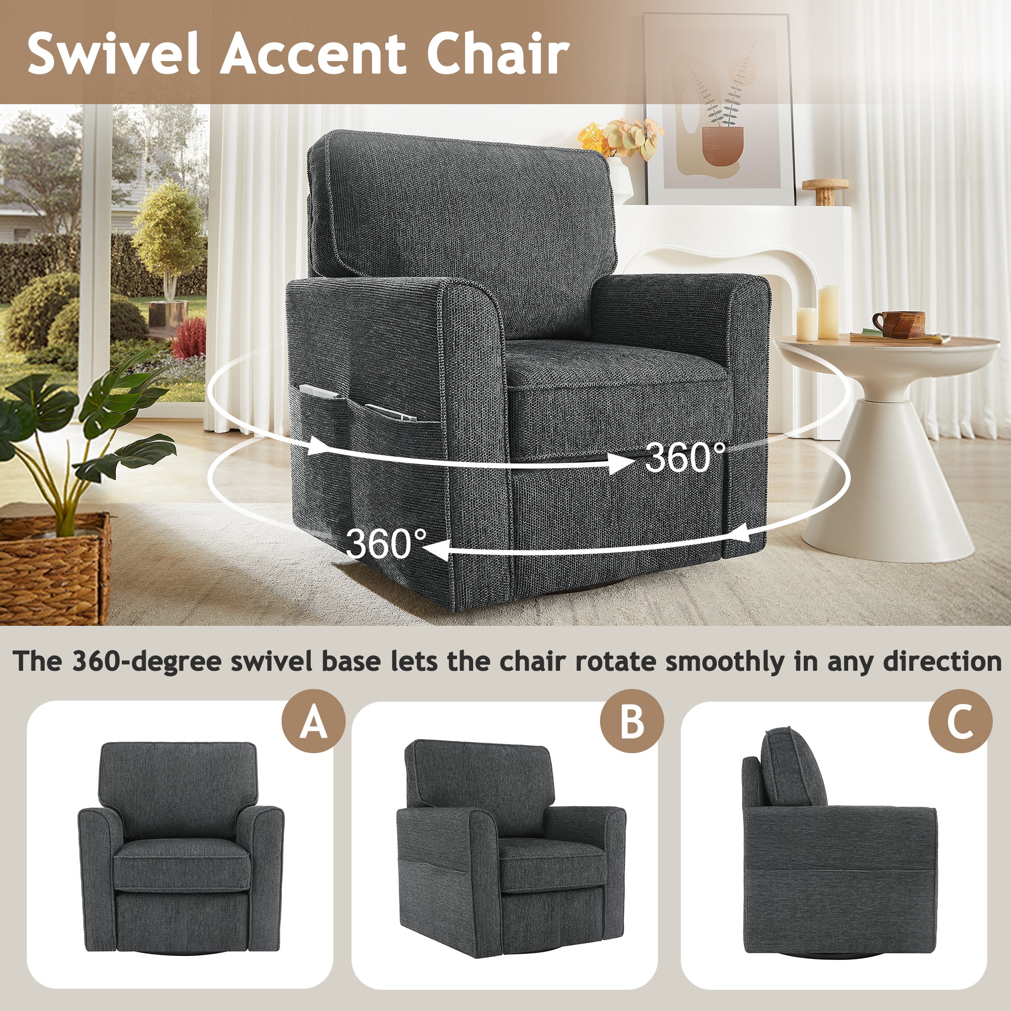 360° Swivel Chair Accent Barrel Armchair with Side Pockets, Grey Chenille, Compact Design for Living Room, Bedroom, Office