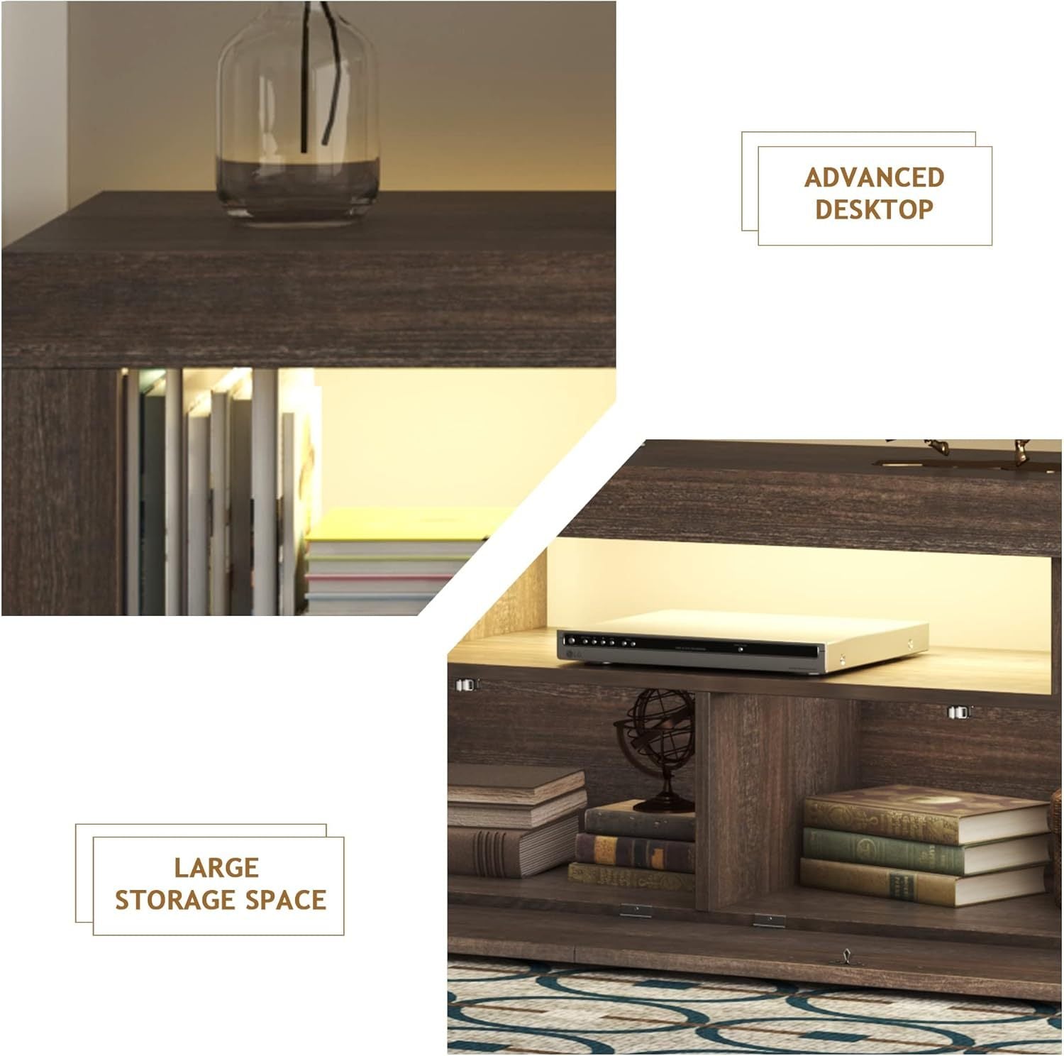 DFW Modern LED TV Stand with Large Storage Drawer for 40 50 55 60 65 70 75 Inch TVs, Brown Wood Farmhouse TV Console with Glossy Entertainment Center for Living Room, Bedroom