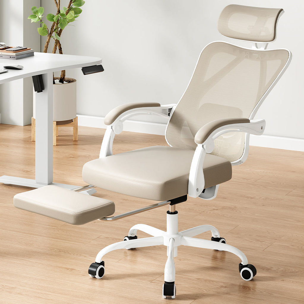 Ergonomic Office Chair with Footrest, Mesh Office Desk Chair with Headrest, High Back Computer Chair with Adjustable Lumbar Support for Home Office Study Room Bedroom, White & Kakhi