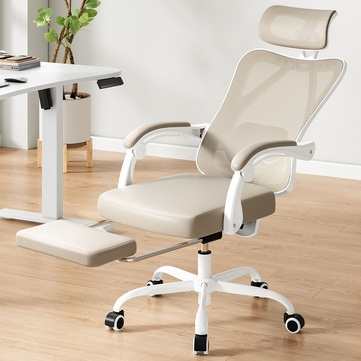 Ergonomic Office Chair with Footrest, Mesh Office Desk Chair with Headrest, High Back Computer Chair with Adjustable Lumbar Support for Home Office Study Room Bedroom, White & Kakhi