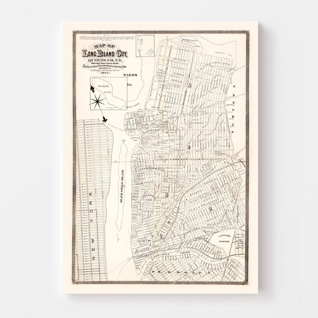 Vintage Map of Queens County, New York 1874