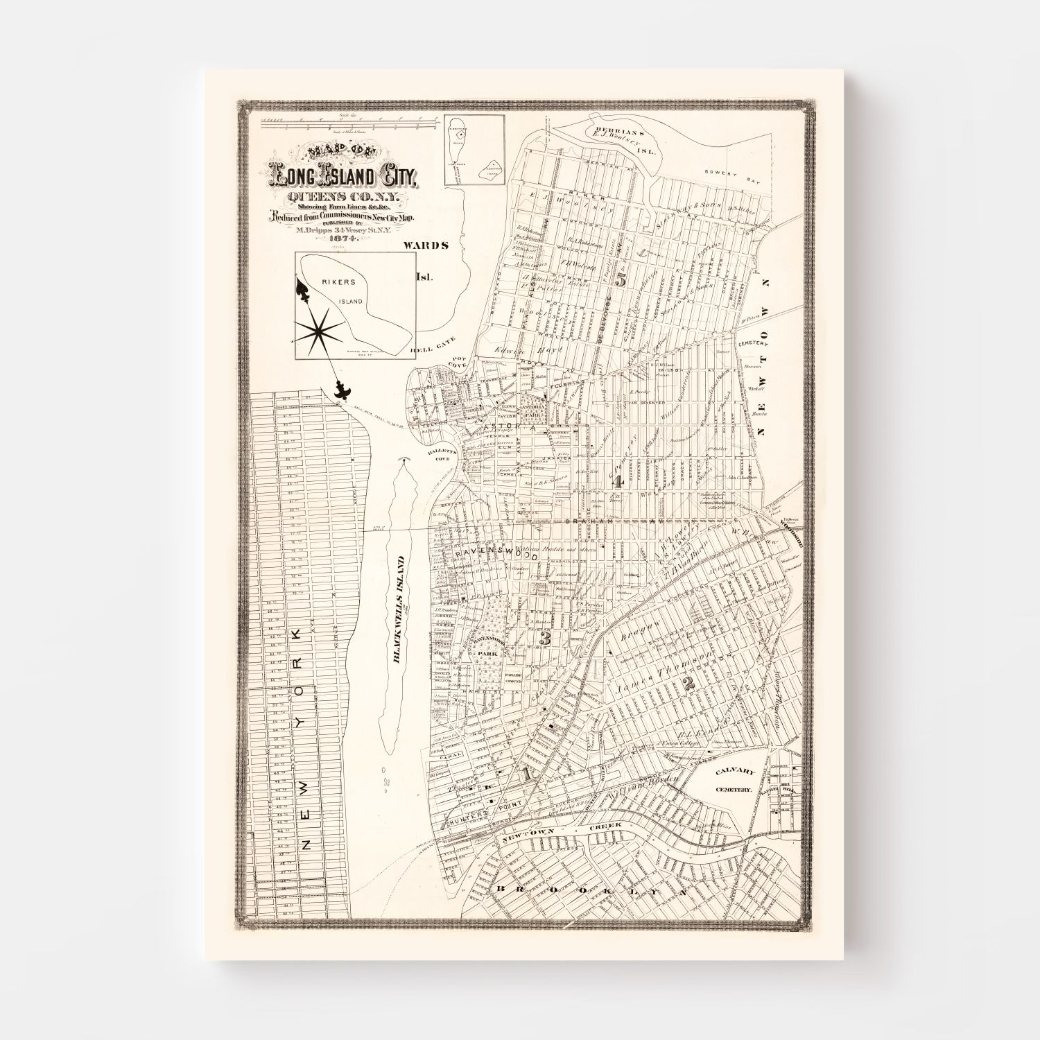 Vintage Map of Queens County, New York 1874