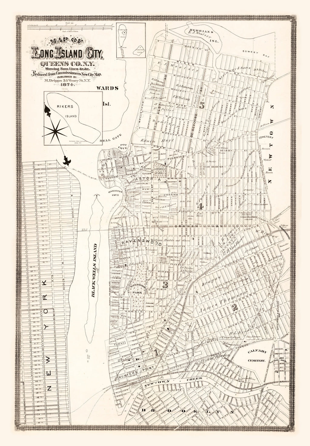 Vintage Map of Queens County, New York 1874