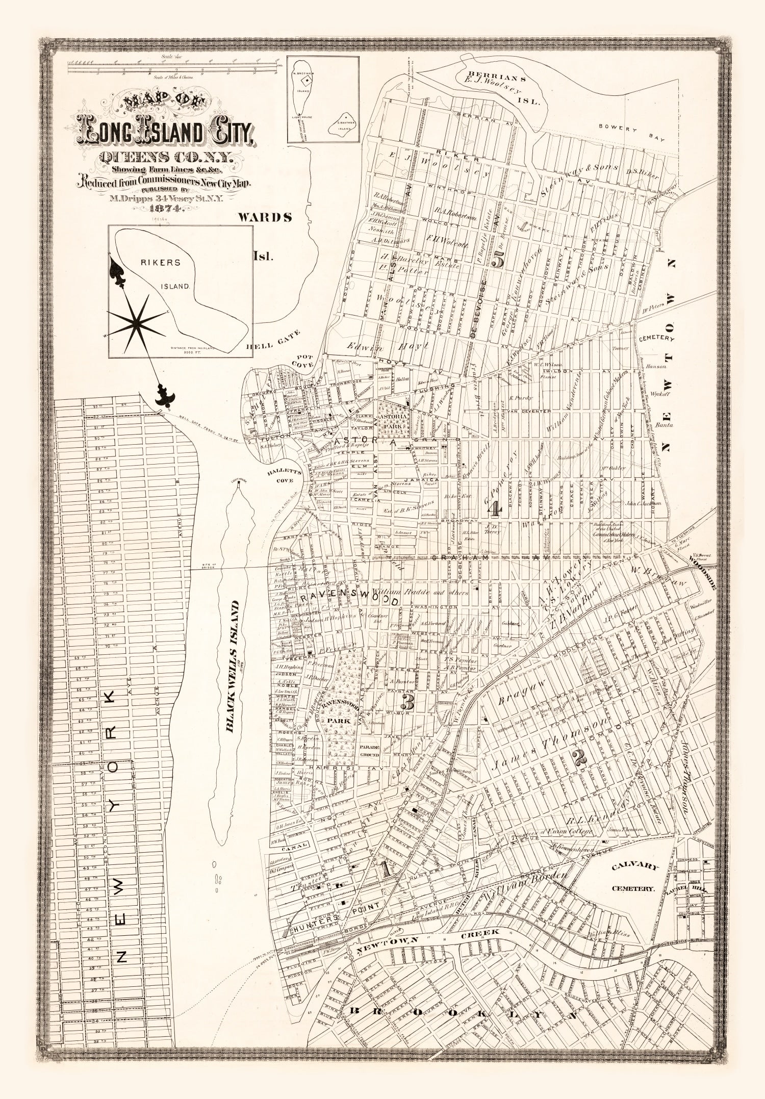 Vintage Map of Queens County, New York 1874