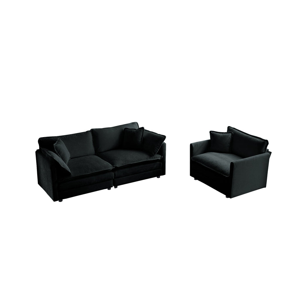 2 Seater Loveseat and Chair Set, 2 Piece Sofa & Chair Set, Loveseat and Accent Chair , 2-Piece Upholstered Chenille Sofa Living Room Couch Furniture(1+2 Seat ) ,Black Chenille