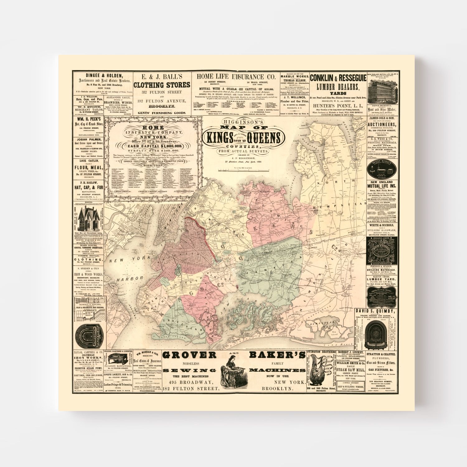 Vintage Map of Kings County, New York 1860