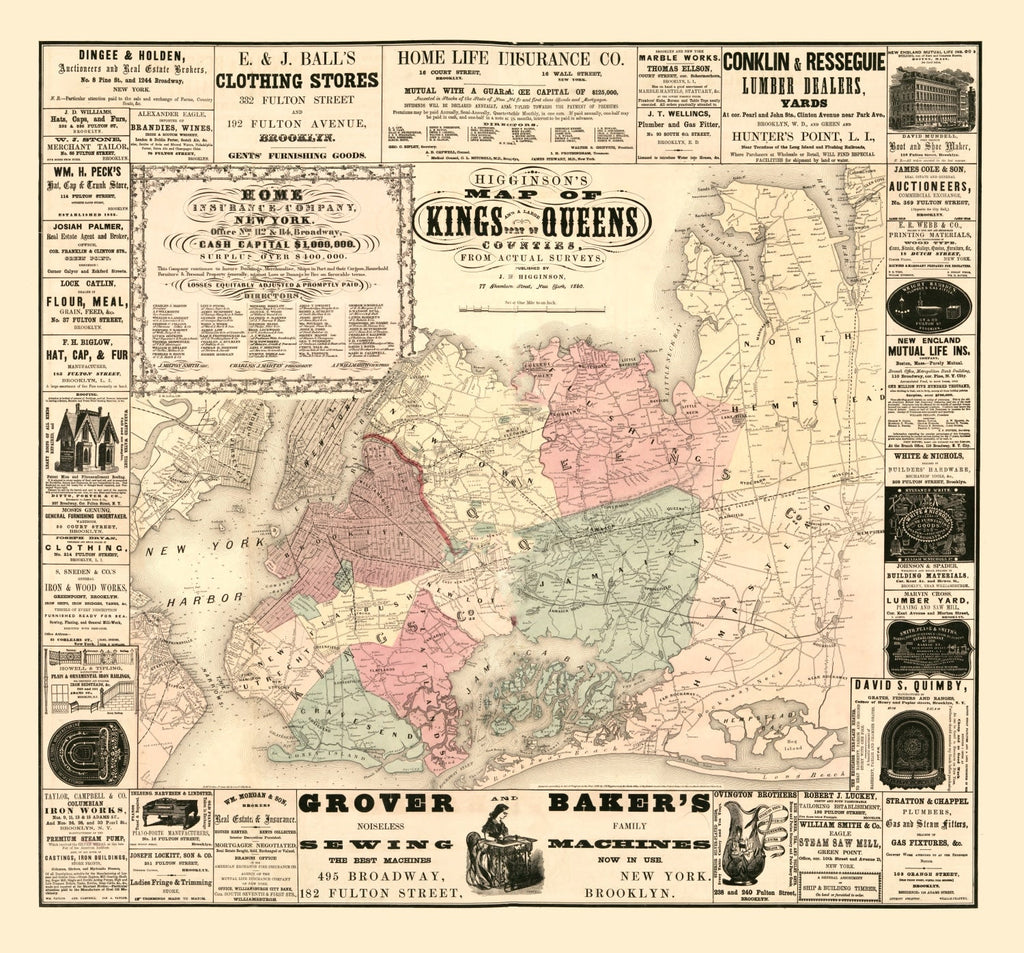Vintage Map of Kings County, New York 1860