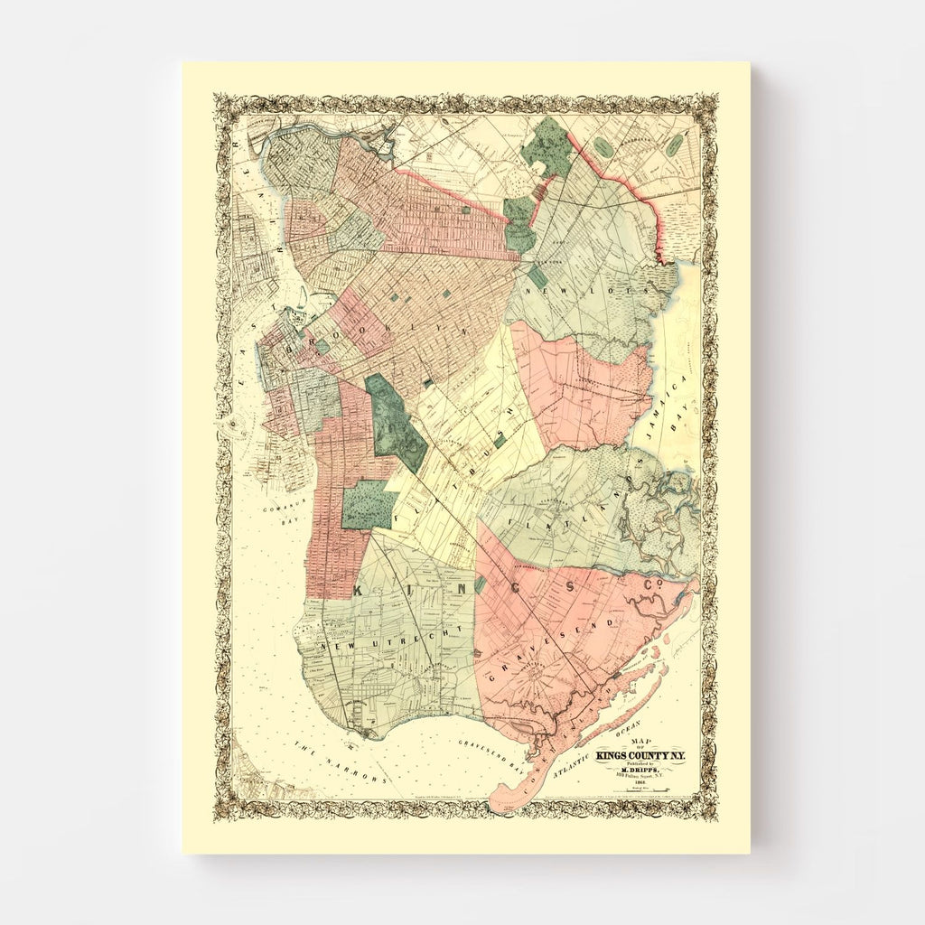 Vintage Map of Kings County, New York 1868