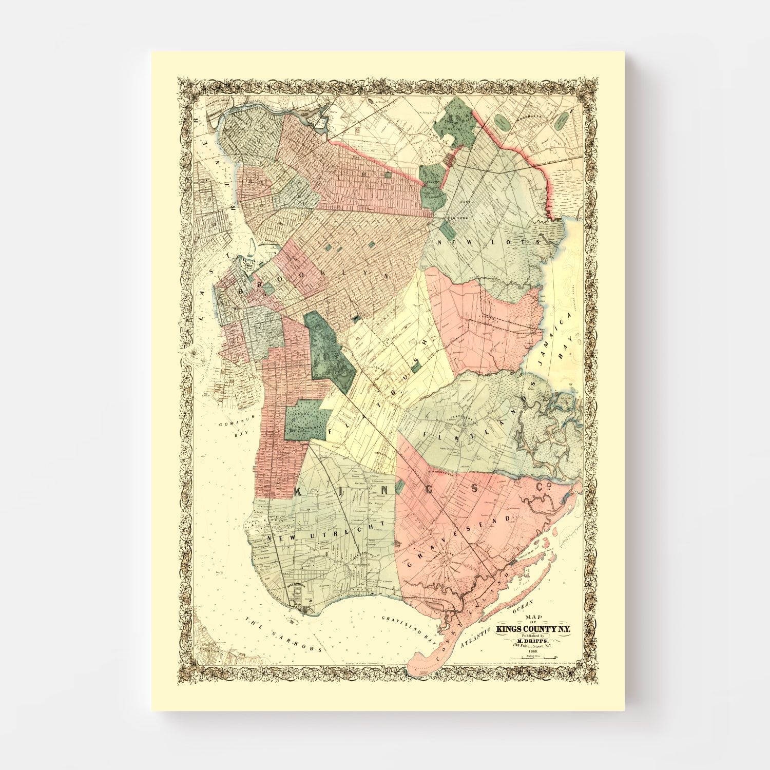 Vintage Map of Kings County, New York 1868