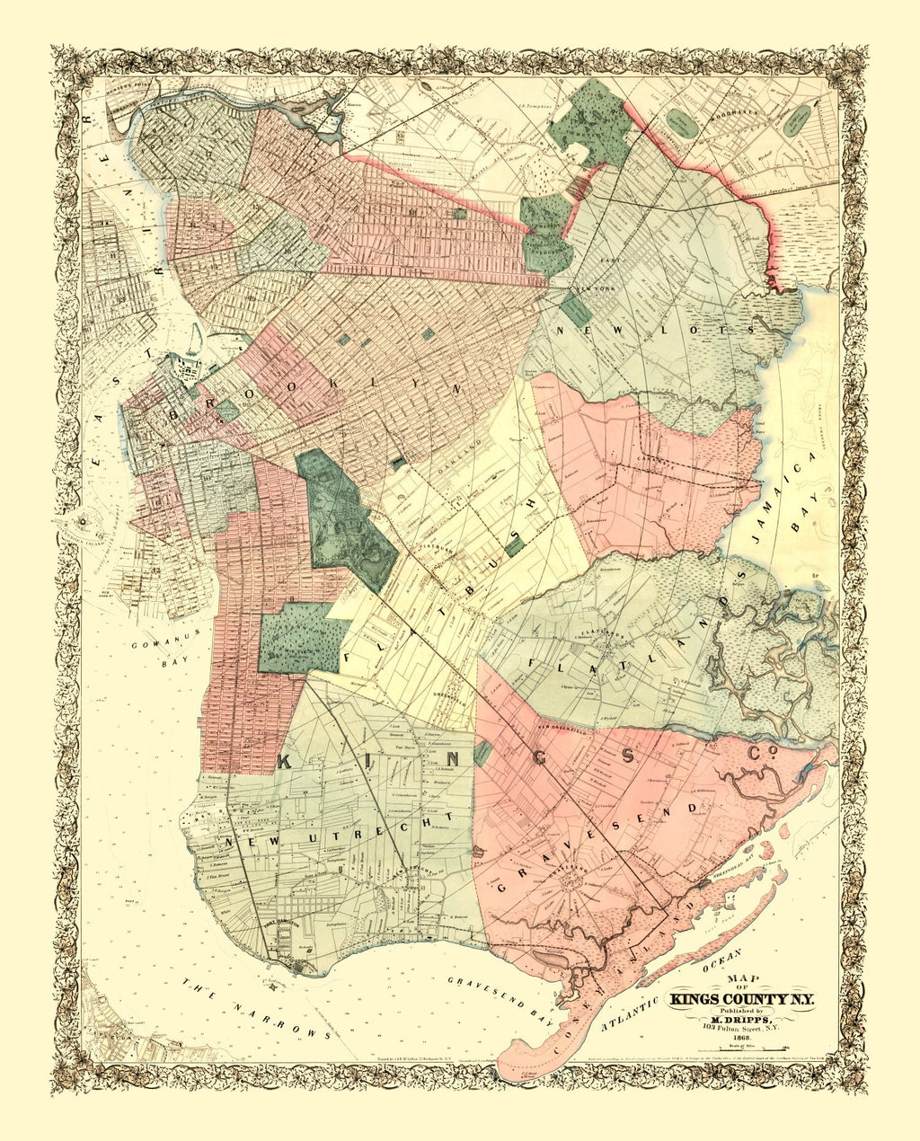 Vintage Map of Kings County, New York 1868