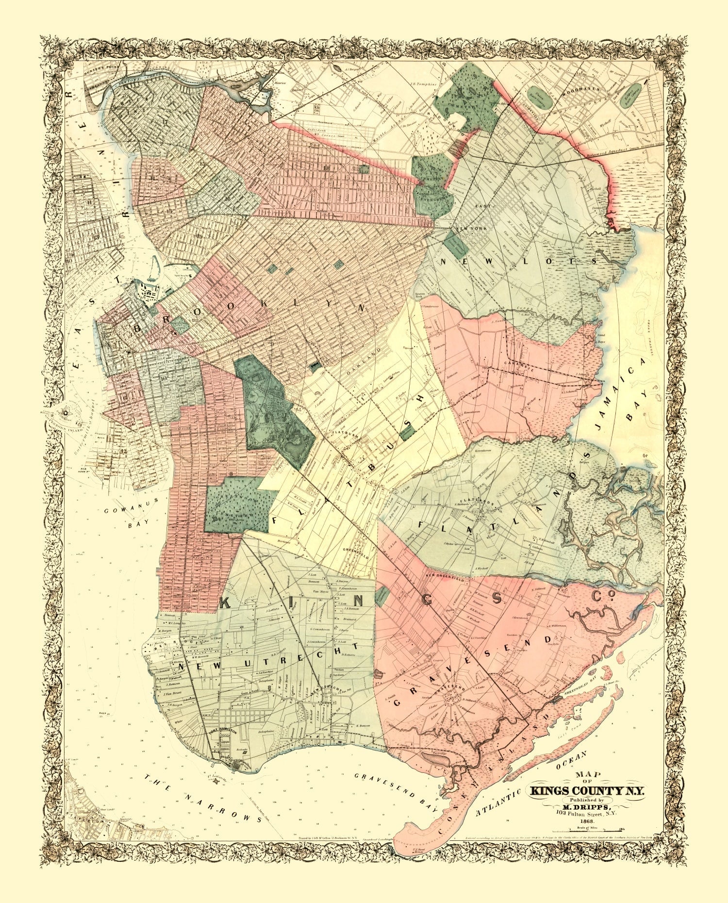 Vintage Map of Kings County, New York 1868